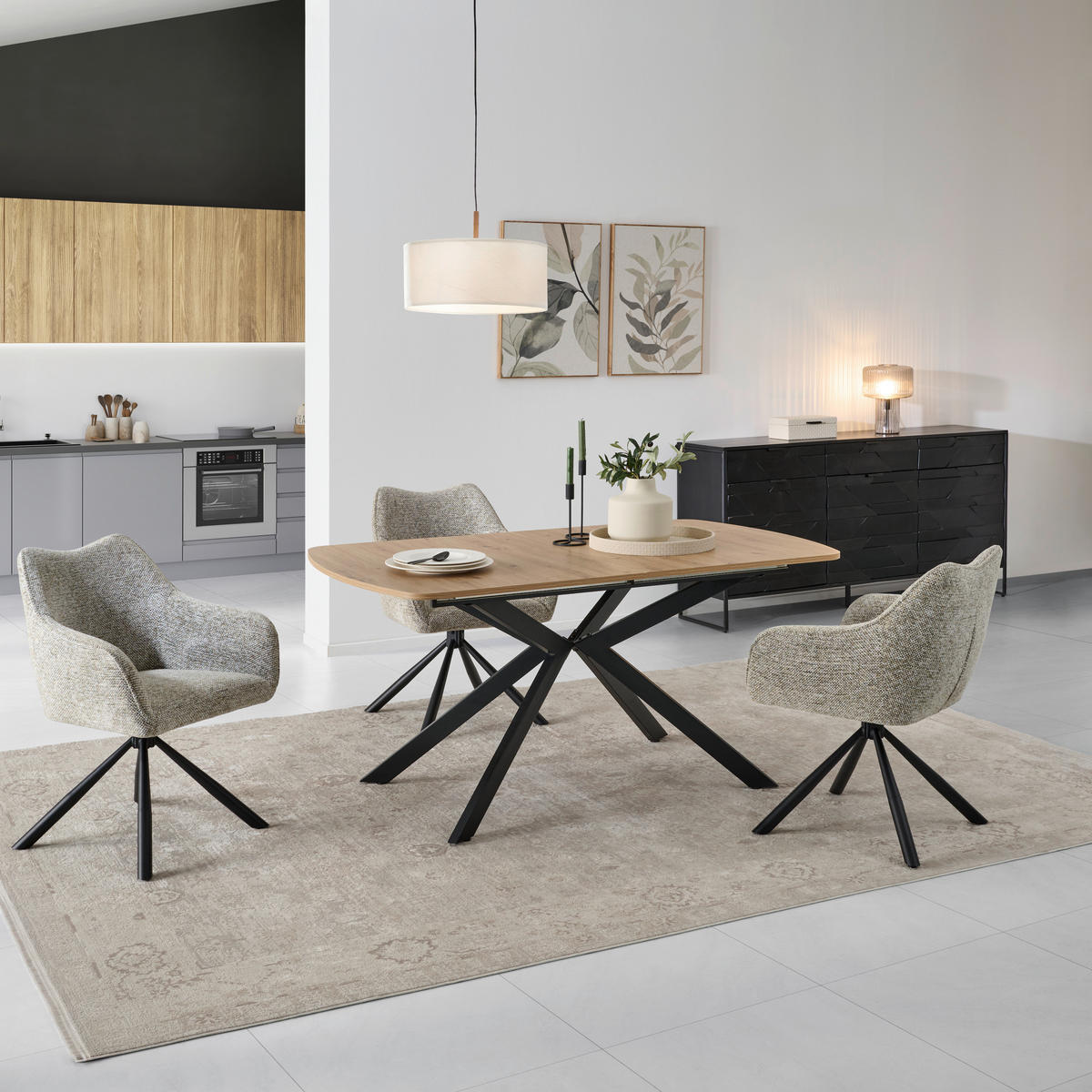 ESSTISCH in Metall, Holzwerkstoff 160-200/90/75 cm  - Schwarz/Eiche Artisan, KONVENTIONELL, Holzwerkstoff/Metall (160-200/90/75cm) - MID.YOU