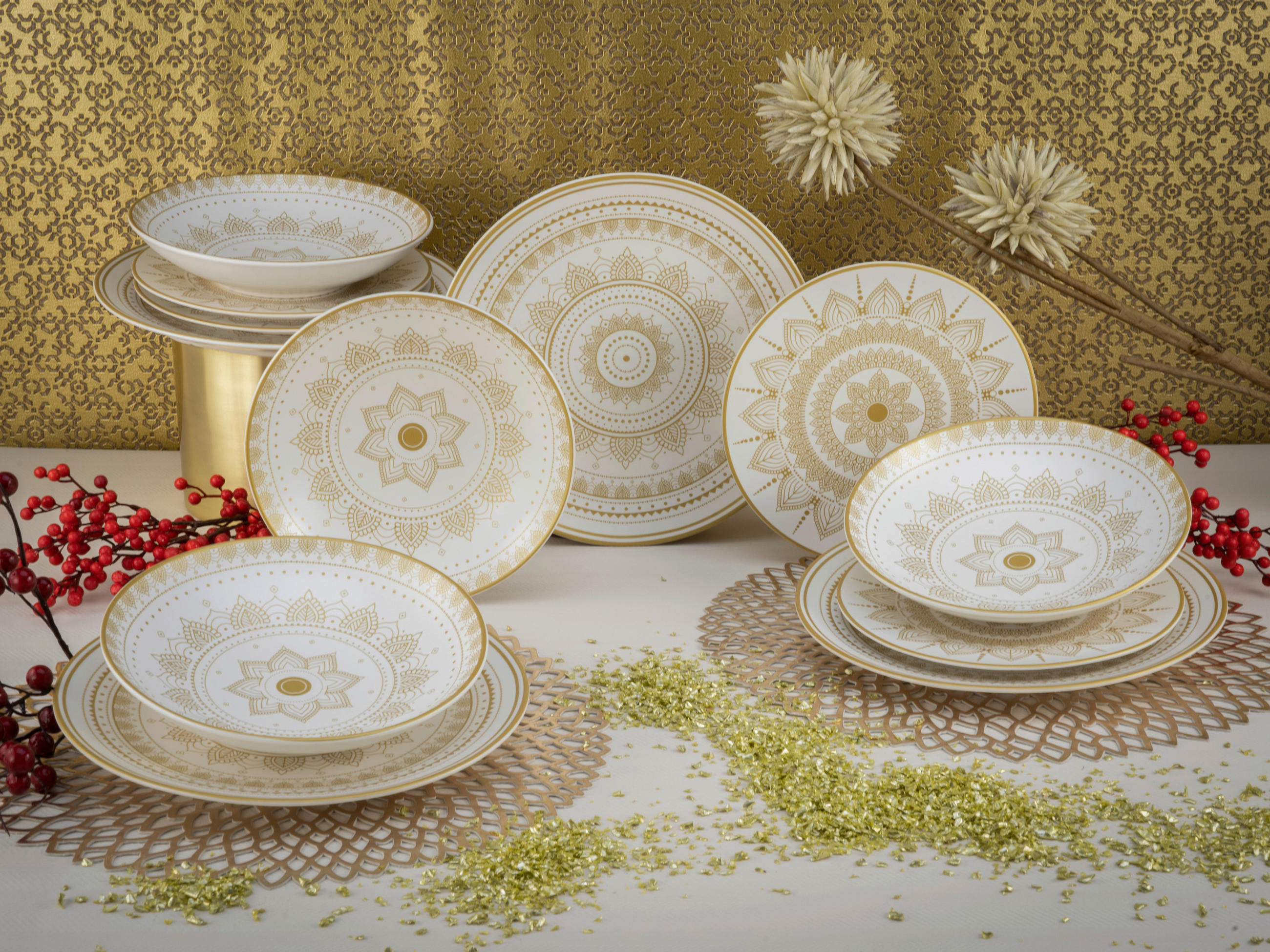 TAFELSERVICE Weiß, Goldfarben 12-teilig  - Goldfarben/Weiß, Keramik (31,5/31,5/37cm) - Creatable