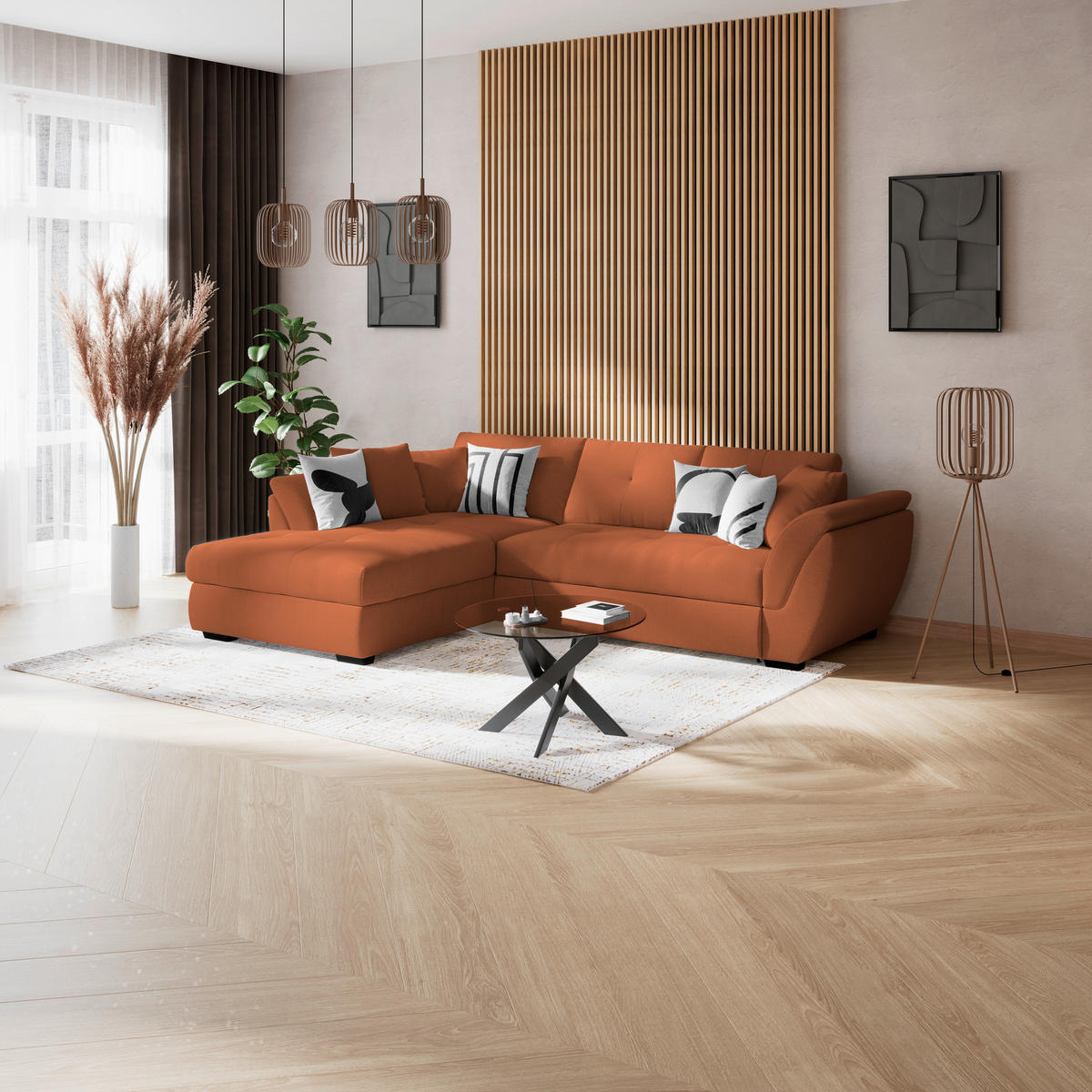 ECKSOFA Terracotta Zierkissen, Bettkasten, Schlaffunktion, Rücken echt  - Terracotta/Schwarz, KONVENTIONELL, Kunststoff/Textil (187/278cm) - MID.YOU