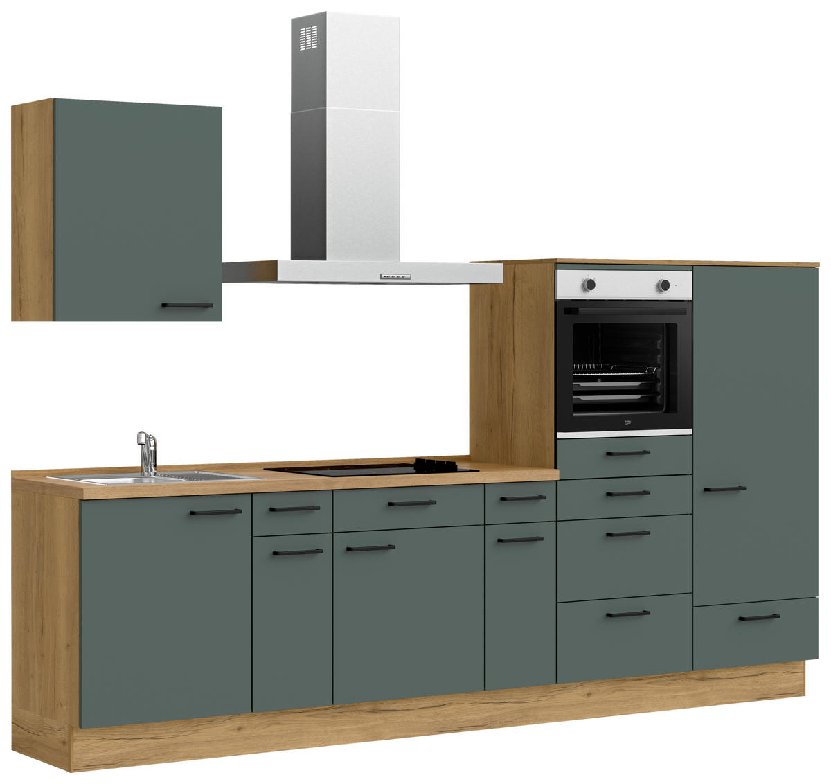 KÜCHENBLOCK Easytouch 300 cm  in Eichefarben, Dunkelgrün  - Dunkelgrün/Eichefarben, MODERN, Holzwerkstoff/Metall (300cm) - Nobilia