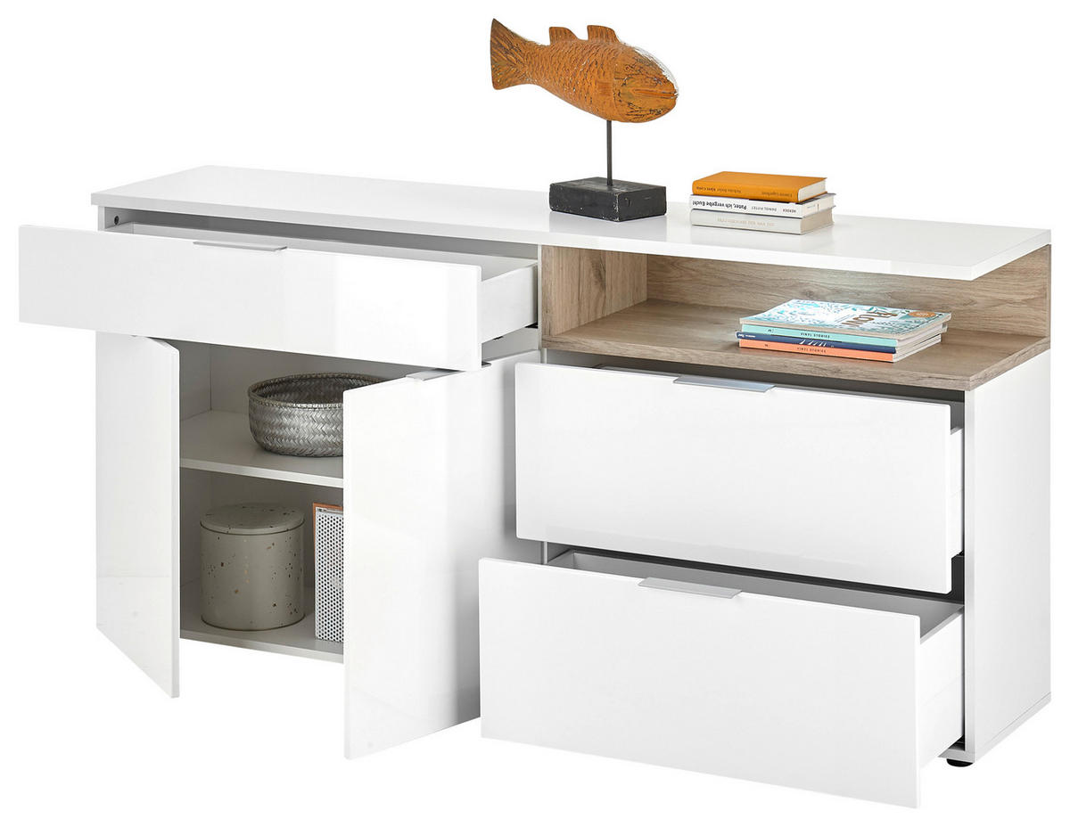 ŠIROKÁ KOMODA, farba duba, biela s vysokým leskom, 165/80/38 cm - čierna/biela s vysokým leskom, Basics, kompozitné drevo/plast (165/80/38cm)
