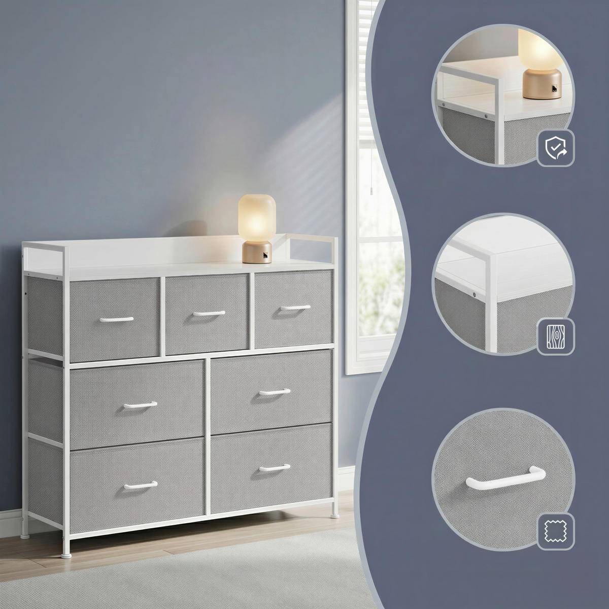 KOMMODE , 98/85/28,5 cm, 7 Schublade(n)  - Hellgrau/Weiß, Trend, Holzwerkstoff/Kunststoff (98/85/28,5cm) - Boxxx