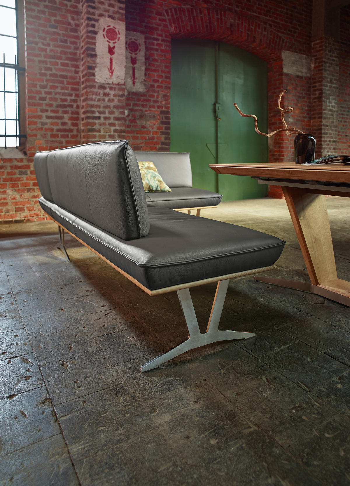 ECKBANK in Holz, Metall, Leder Schlammfarben  - Edelstahlfarben/Schlammfarben, Design, Leder/Holz (257/162cm) - Ambiente