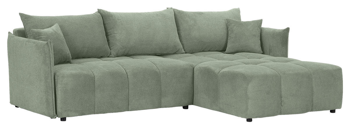 ECKSOFA Salbeigrün Plüsch Zierkissen, Rückenkissen, Bettkasten, Schlaffunktion, Rücken echt, Liegefläche im Originalstoff  - Salbeigrün/Schwarz, KONVENTIONELL, Kunststoff/Textil (253/192cm) - Carryhome