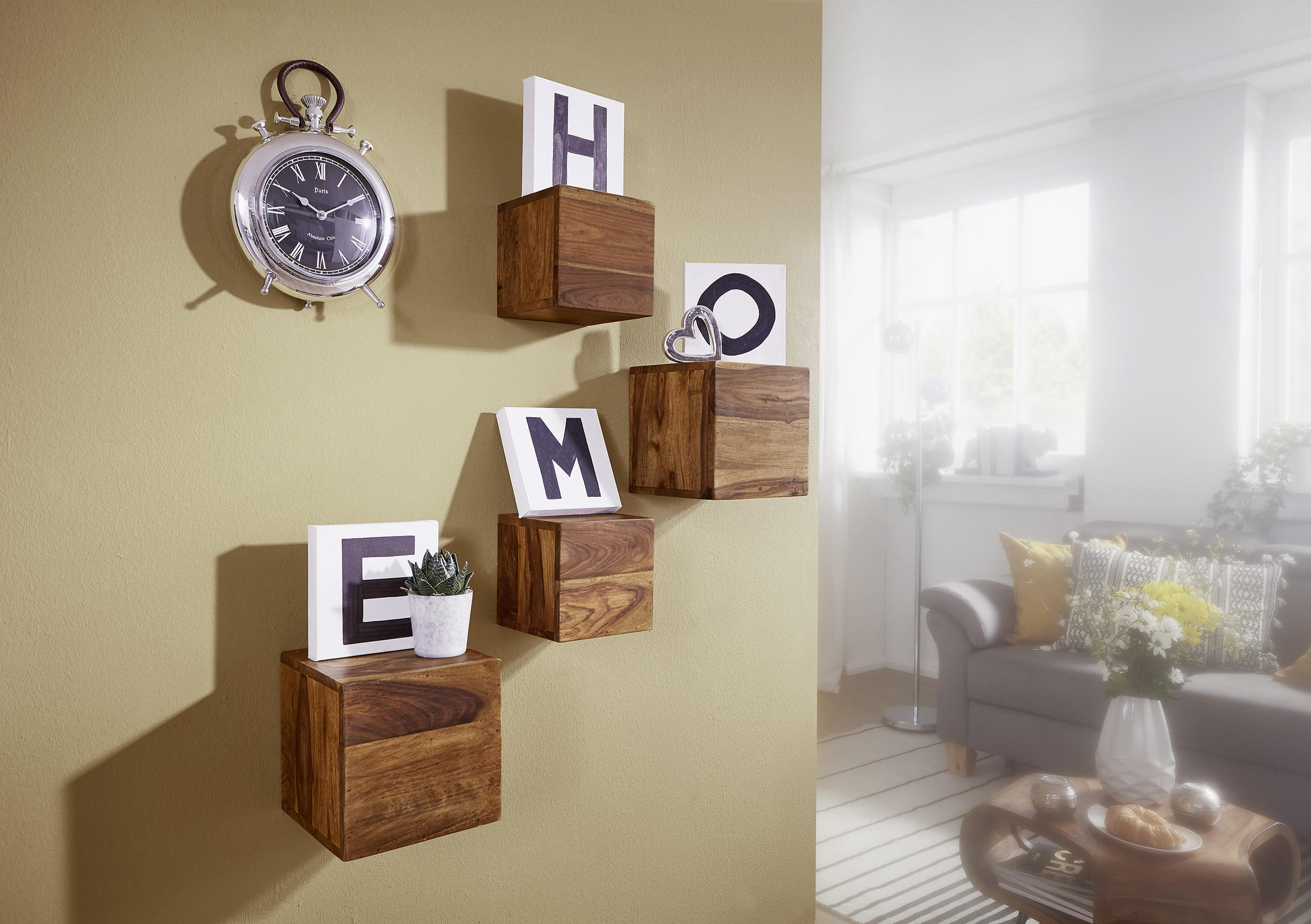 Wandregal "WL1.531" , Sheesham massiv Sheeshamfarben - Sheeshamfarben, MODERN, Holz (25/25/25cm) - MID.YOU