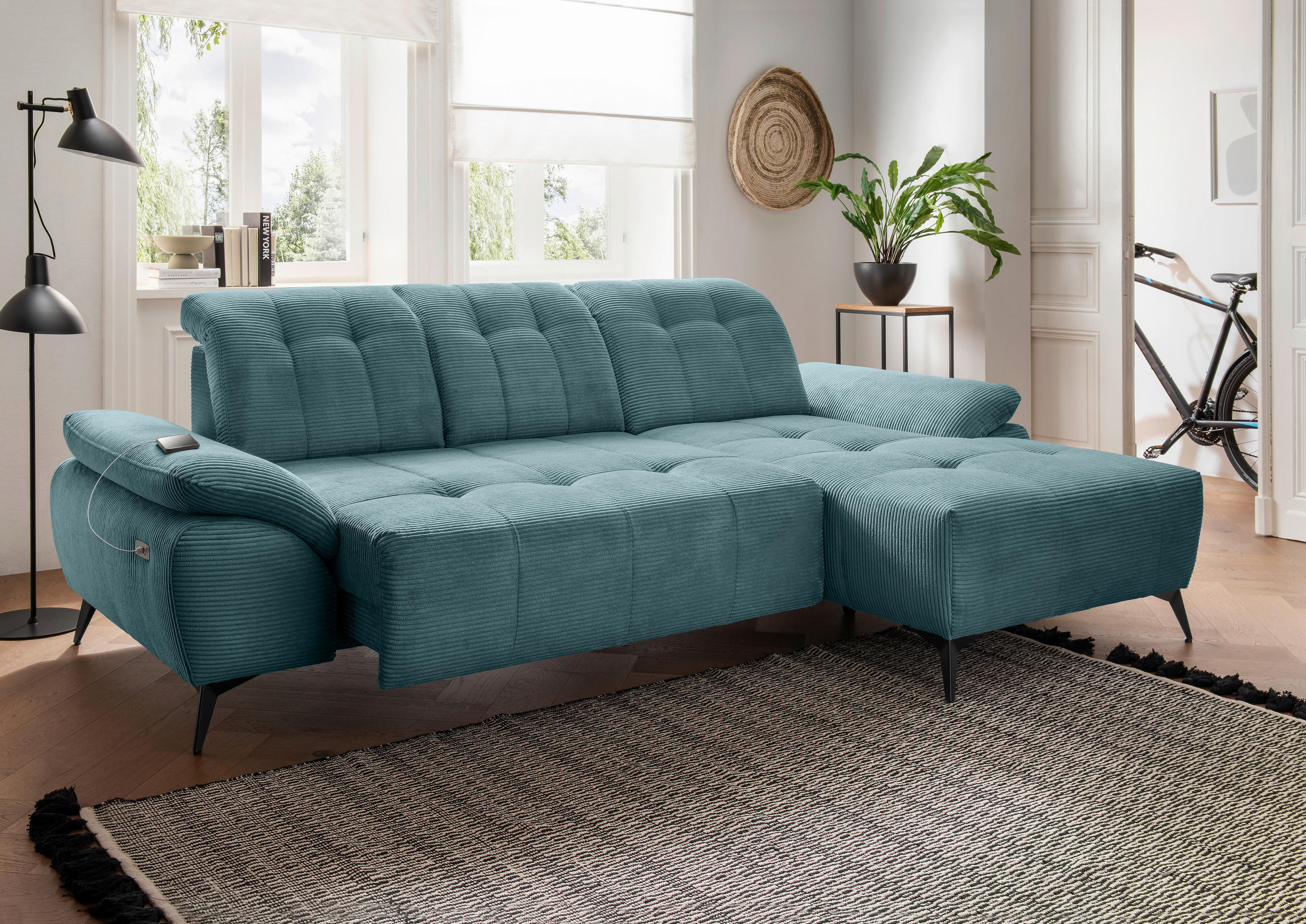 ECKSOFA FIORE in Cord Petrol Kopfteilverstellung, Sitzvorzug  280/180 cm  - Petrol/Schwarz, MODERN, Textil/Metall (280/180cm) - Livetastic