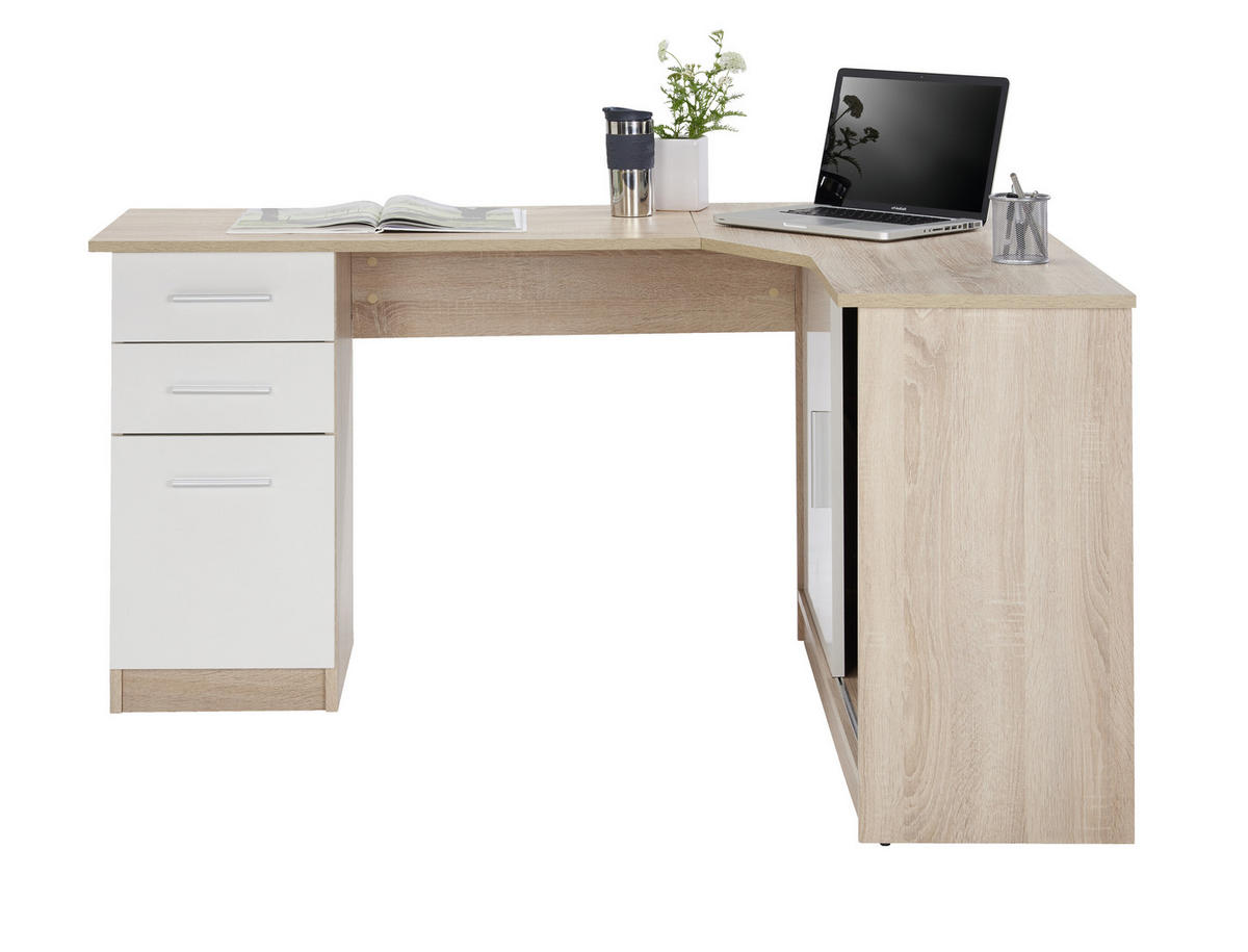 ECKSCHREIBTISCH 150/120/75 cm  in Weiß, Eichefarben  - Eichefarben/Alufarben, KONVENTIONELL, Holzwerkstoff/Kunststoff (150/120/75cm) - Venda