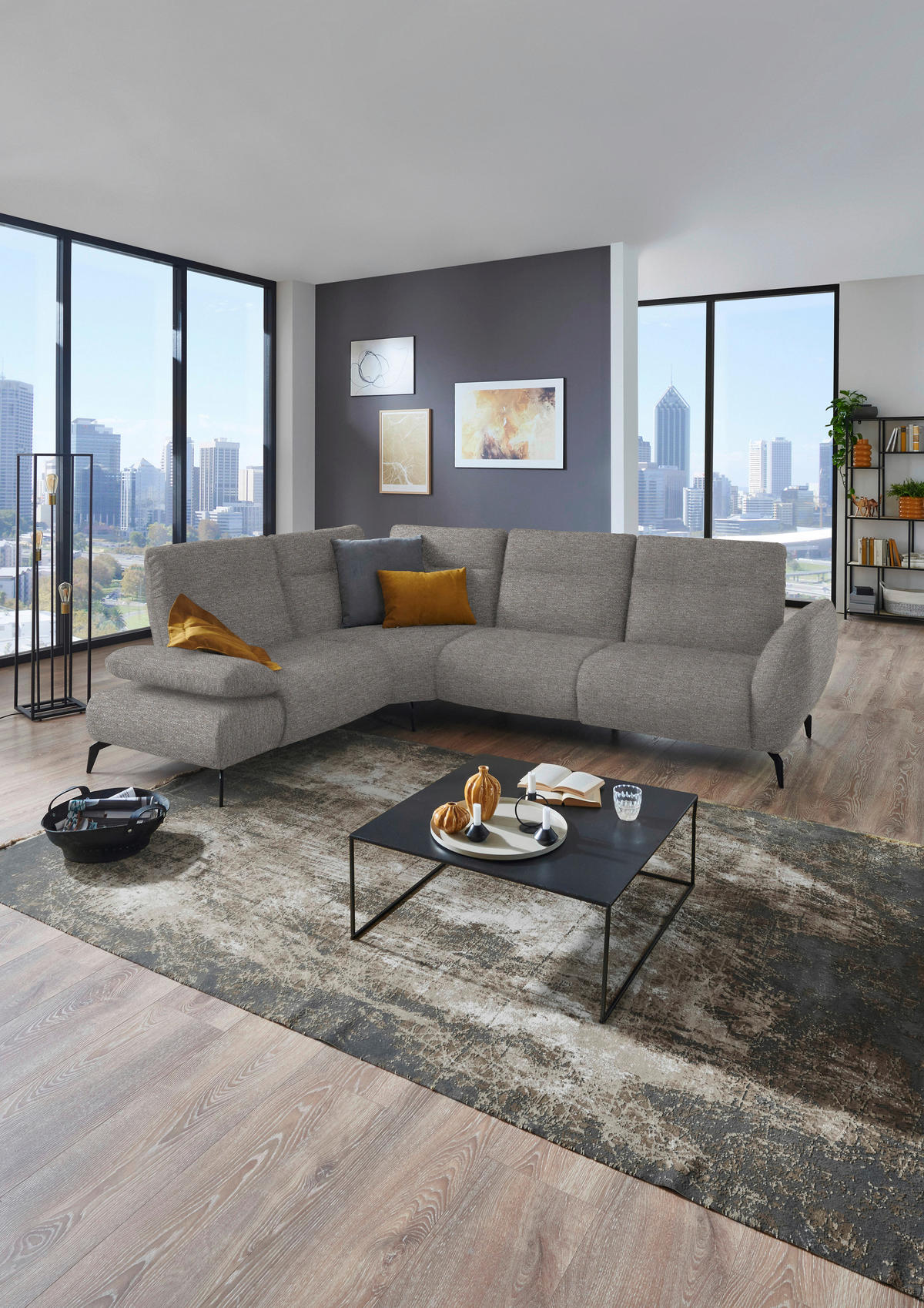 ECKSOFA in Webstoff Hellgrau  223/290 cm  - Hellgrau/Schwarz, Design, Textil/Metall (223/290cm) - Moderano