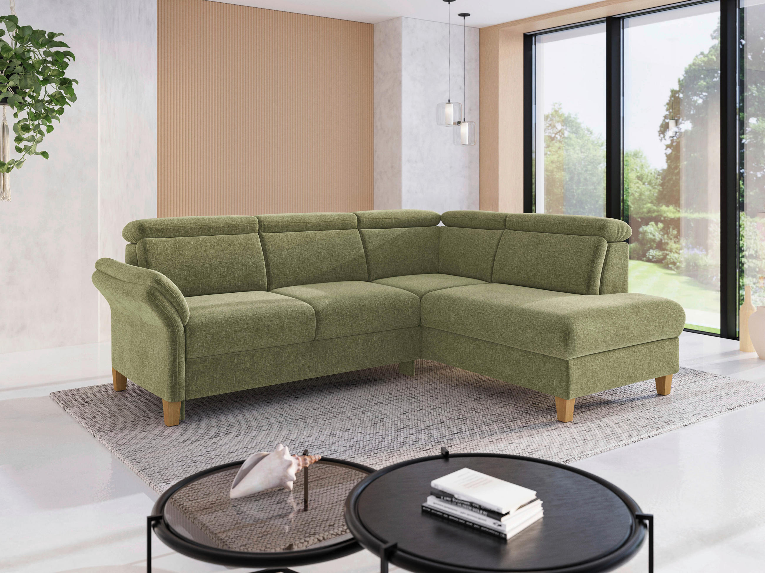 ECKSOFA GLENDALE E Hellgrün Flachgewebe  - Eichefarben/Hellgrün, KONVENTIONELL, Holz/Textil (247/193cm) - Sit & More