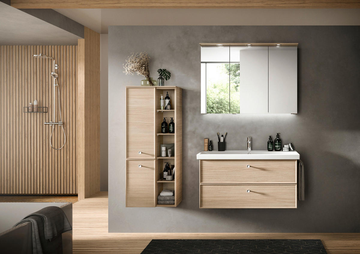 MIDISCHRANK 50/121/33 cm  - Edelstahlfarben/Eichefarben, MODERN, Glas/Holzwerkstoff (50/121/33cm) - Sadena