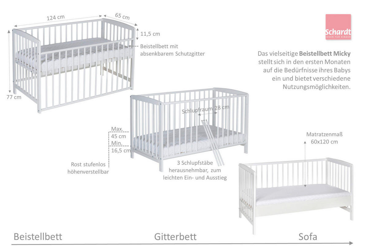 BEISTELLBETT 124/65/77 cm  - Weiß, Basics, Holz (124/65/77cm) - Schardt
