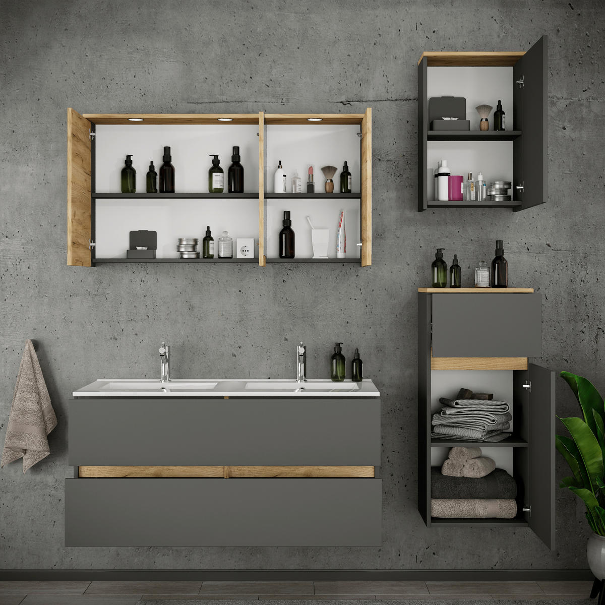 BADEZIMMER 5-teilig  in 149 cm  - Honigeiche/Anthrazit, Trend, Keramik/Holzwerkstoff (149cm) - MID.YOU