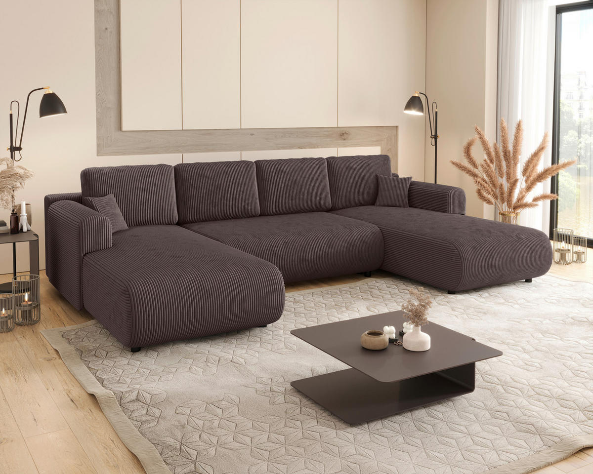 Wohnlandschaft inkl. Funktion Dunkelbraun Cord  - Dunkelbraun/Schwarz, KONVENTIONELL, Textil (200/360/200cm) - Xora