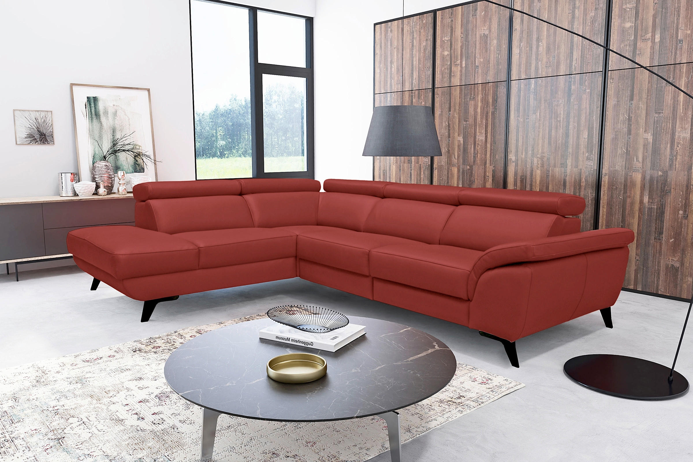 ECKSOFA DALLAS in Echtleder Rot  228/283 cm  - Rot/Schwarz, Design, Leder/Metall (228/283cm) - Livetastic
