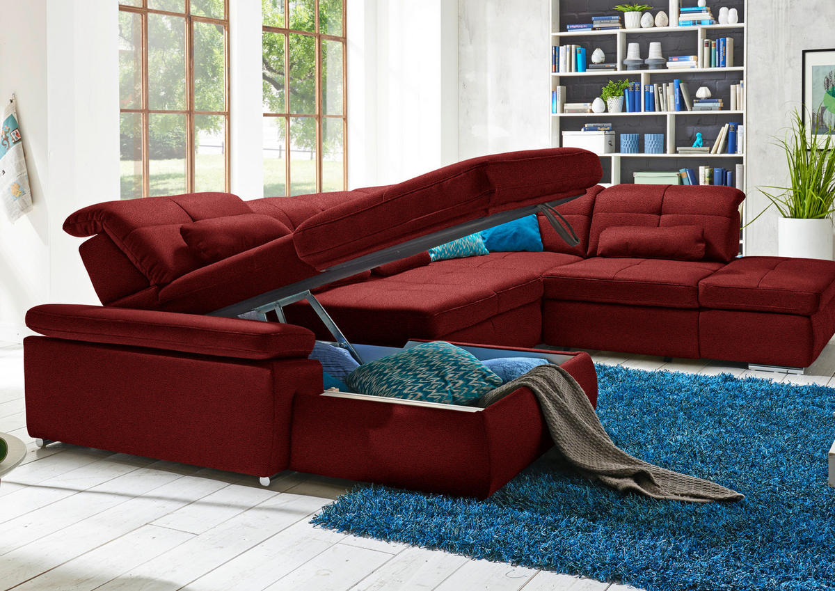 WOHNLANDSCHAFT Mikrofaser Dunkelrot  - Chromfarben/Dunkelrot, Design, Textil (195/371/260cm) - Beldomo Style