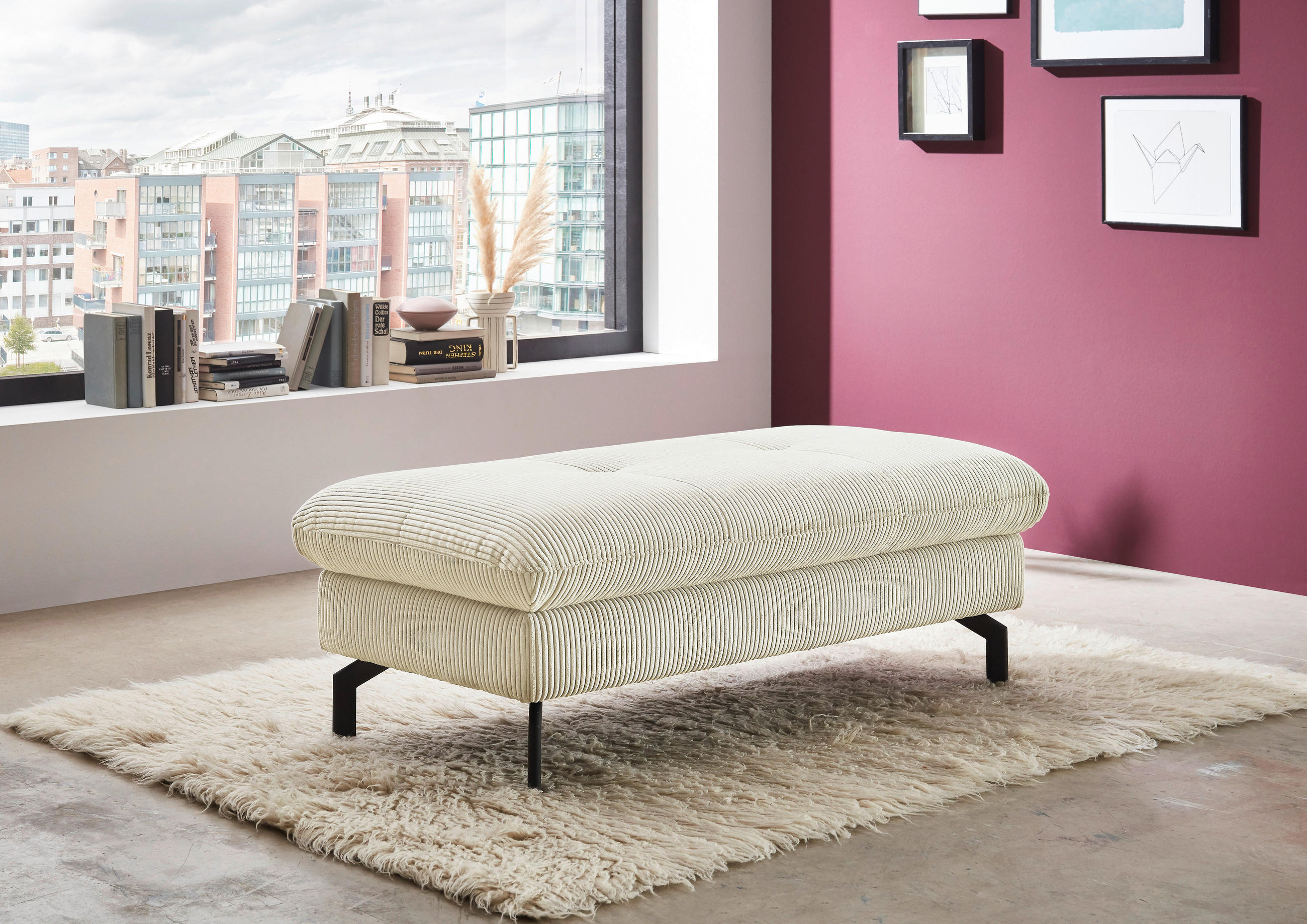 HOCKER in Textil Creme  - Creme/Schwarz, Design, Textil/Metall (132/45/68cm) - Carryhome