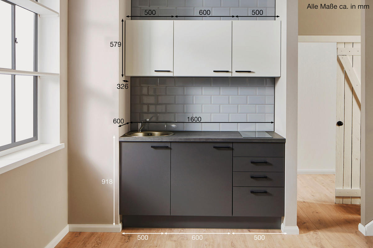 KÜCHENBLOCK 160 cm   in Graphitfarben, Weiß  - Schwarz/Graphitfarben, Design, Holzwerkstoff/Metall (160cm) - Pino