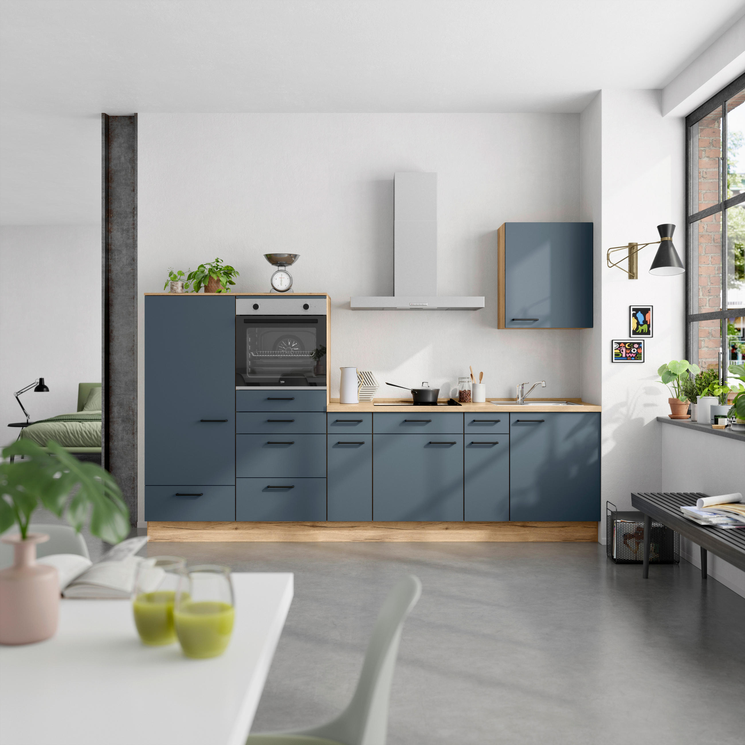 KÜCHENBLOCK 300 cm   in Eichefarben, Dunkelblau  - Eichefarben/Schwarz, MODERN, Holzwerkstoff/Metall (300cm) - Nobilia