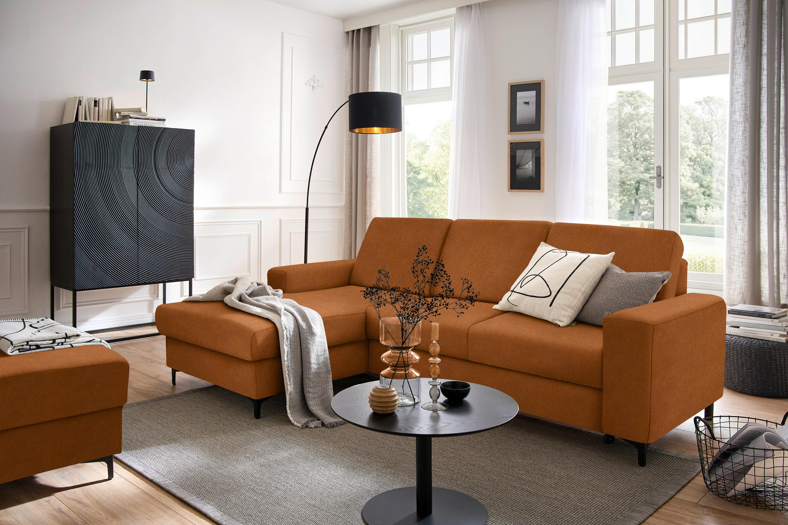 ECKSOFA in Velours Cognac  - Cognac/Schwarz, Konventionell, Textil/Metall (167/247cm) - Stylife