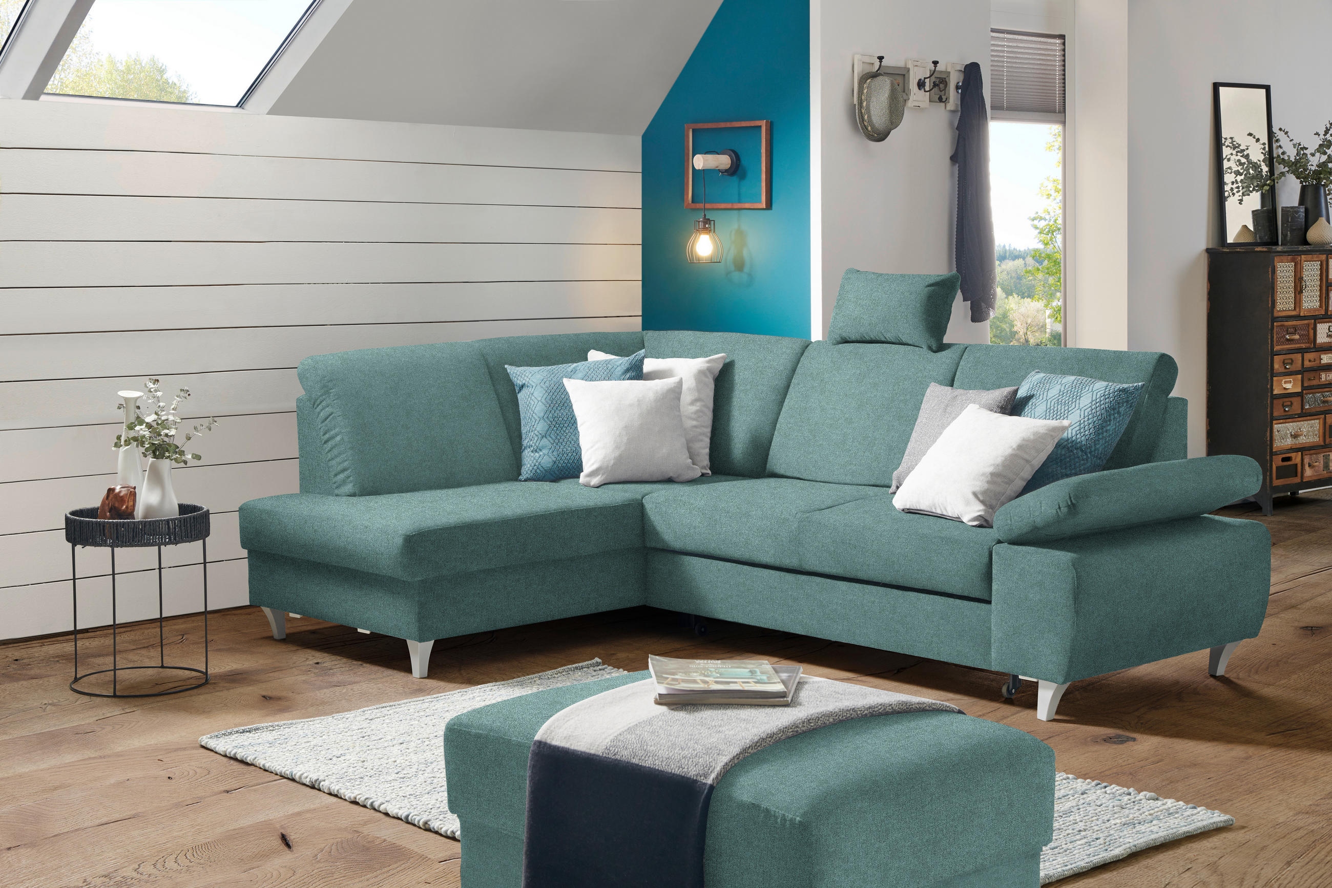ECKSOFA in Flachgewebe Petrol  186/255 cm  - Silberfarben/Petrol, KONVENTIONELL, Holz/Textil (186/255cm) - Cantus