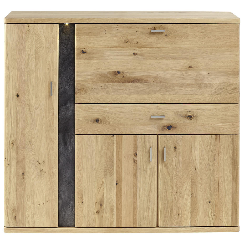 Thumbnail - Voleo Highboard Turego, Schiefer, Eiche, Metall, Eiche, furniert,furniert, massiv,massiv, 2 Fächer, 1 Schubladen, 128.6x...