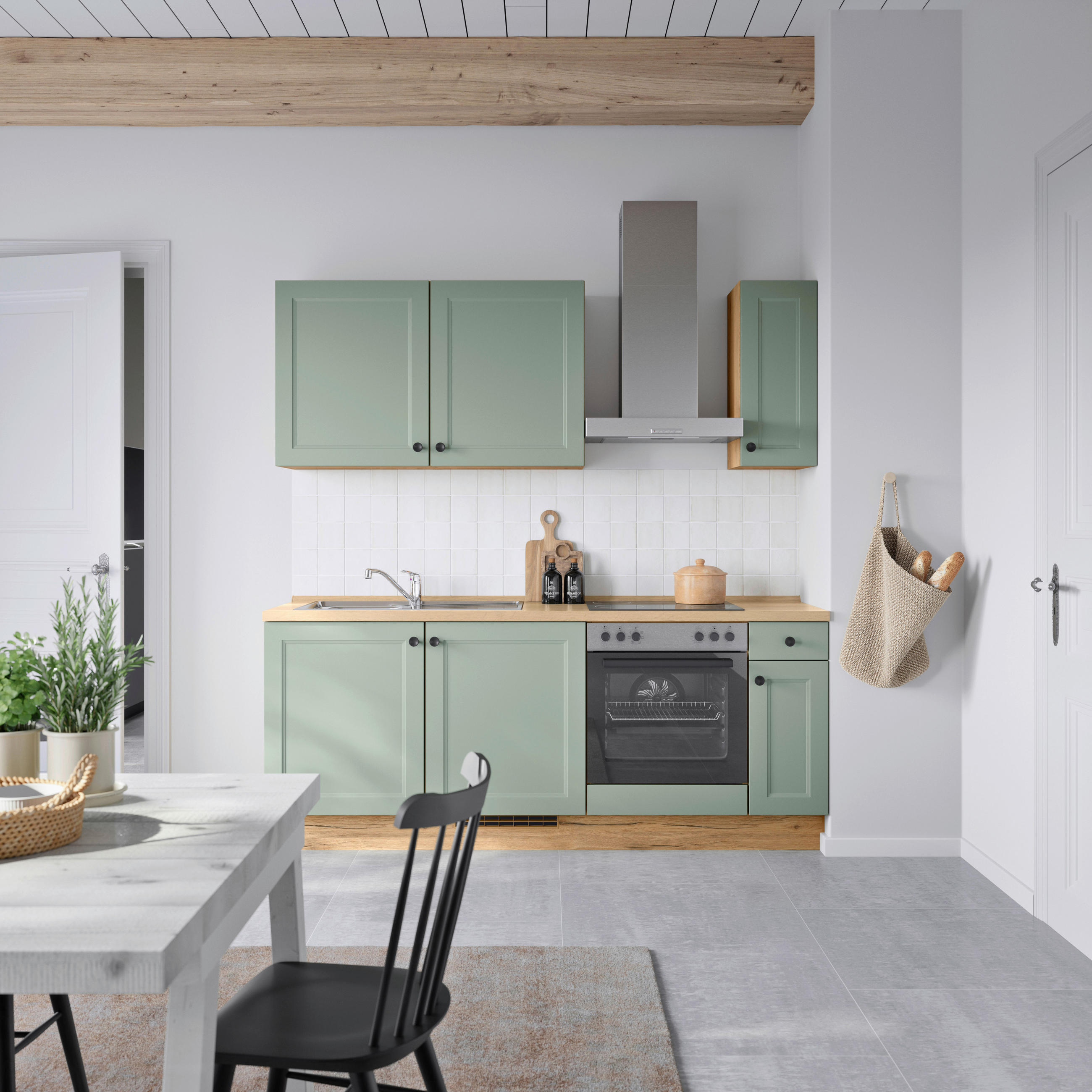 KÜCHENBLOCK 210 cm   in Eichefarben, Schilfgrün  - Schilfgrün/Eichefarben, MODERN, Holzwerkstoff/Metall (210cm) - Nobilia