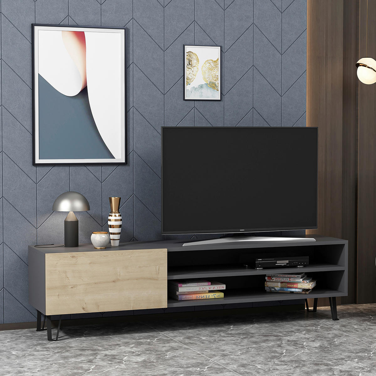 TV-BÄNK 160/47/37,4 cm  - svart/antracit, Design, metall/trämaterial (160/47/37,4cm) - Livetastic