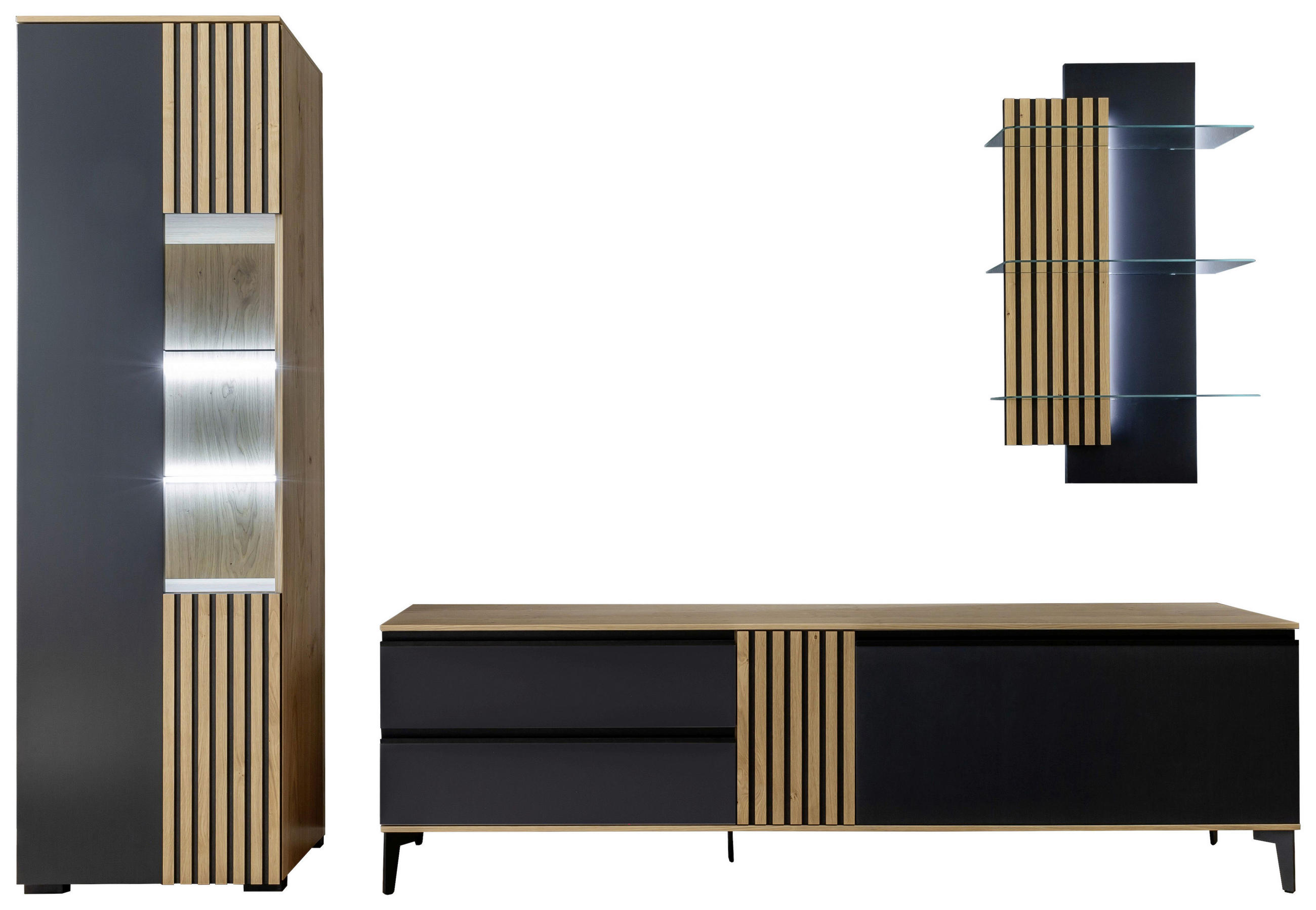 WOHNWAND  in Anthrazit, Wildeiche 277/200/45 cm  - Wildeiche/Anthrazit, Design, Glas/Holz (277/200/45cm) - Moderano