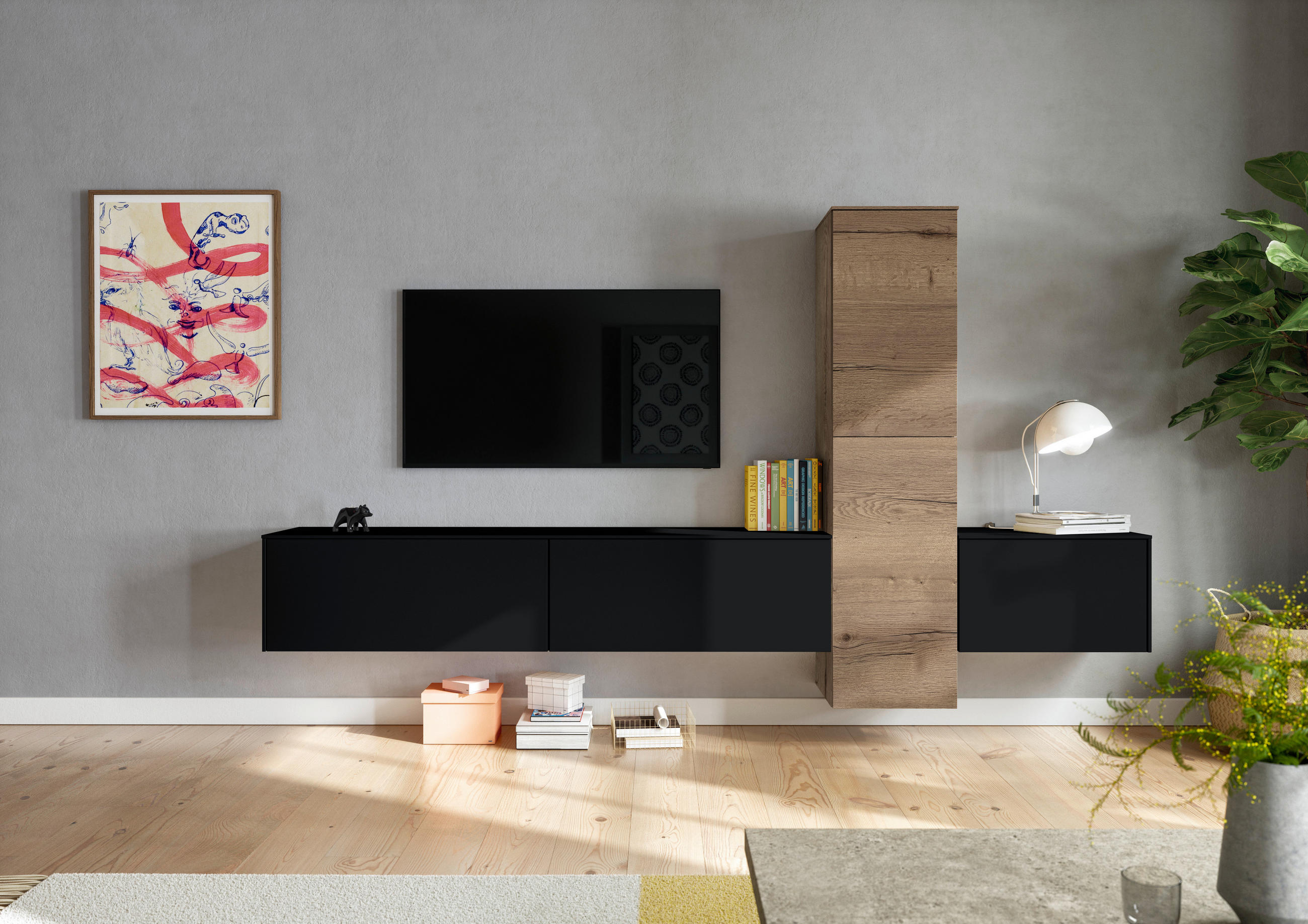WOHNWAND  282/160/37 cm  in Eichefarben, Schwarz  - Eichefarben/Schwarz, Design, Holzwerkstoff (282/160/37cm) - Celina Home