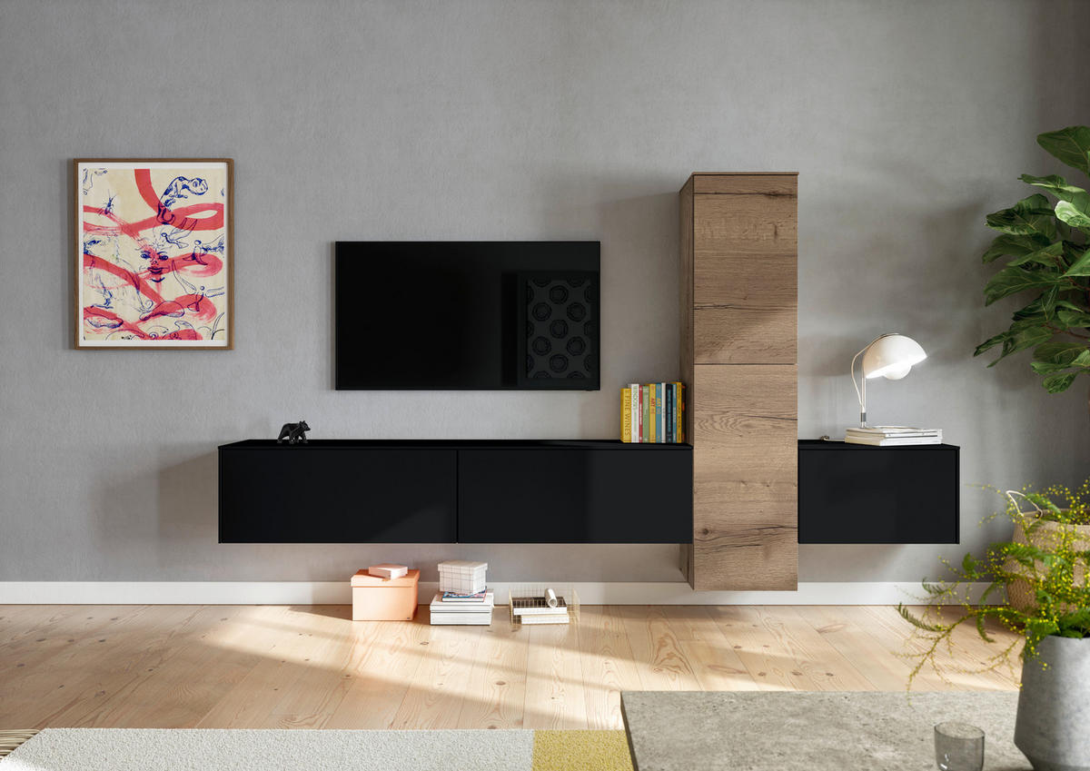 WOHNWAND  in Schwarz, Eichefarben  282/160/37 cm  - Eichefarben/Schwarz, Design, Holzwerkstoff (282/160/37cm) - Celina Home