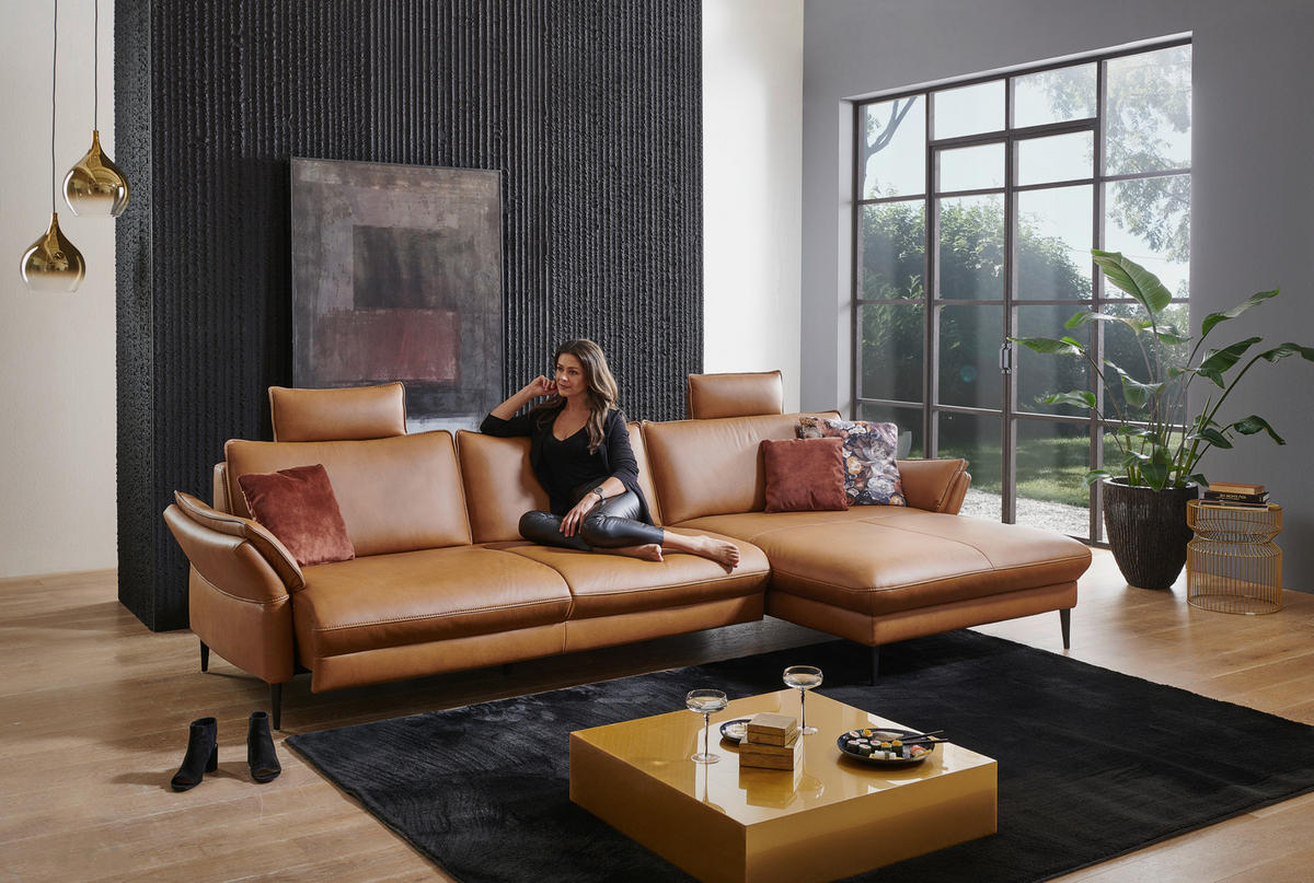 ECKSOFA in Echtleder Braun  - Schwarz/Braun, Design, Leder/Metall (334/172cm) - Valdera