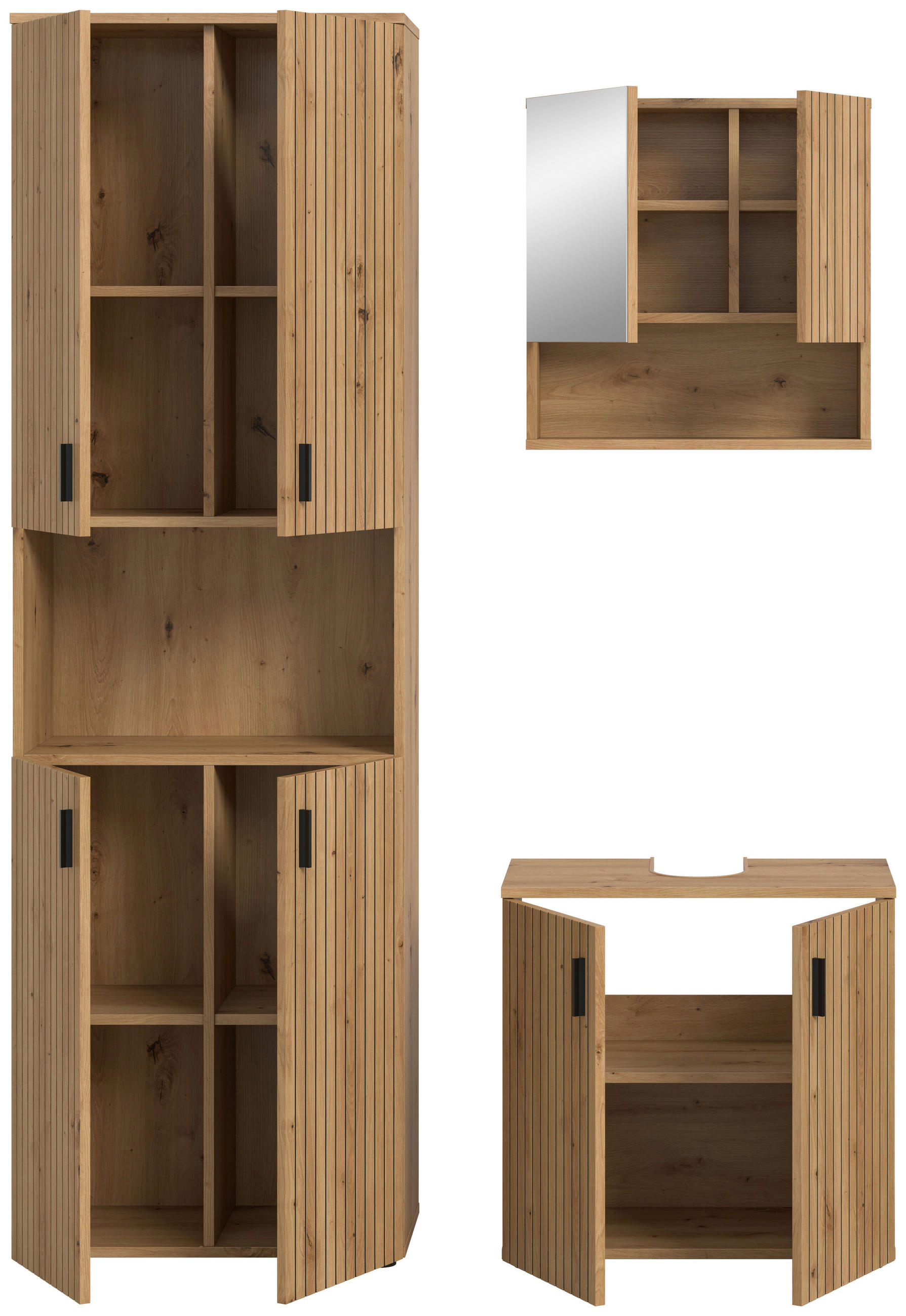 Thumbnail - Mid.you Badezimmer, Eiche Artisan, Kunststoff, 3-teilig, Holzoptik, 7 Fächer, 120 cm, FSC Mix, hängend, stehend, Badezim...