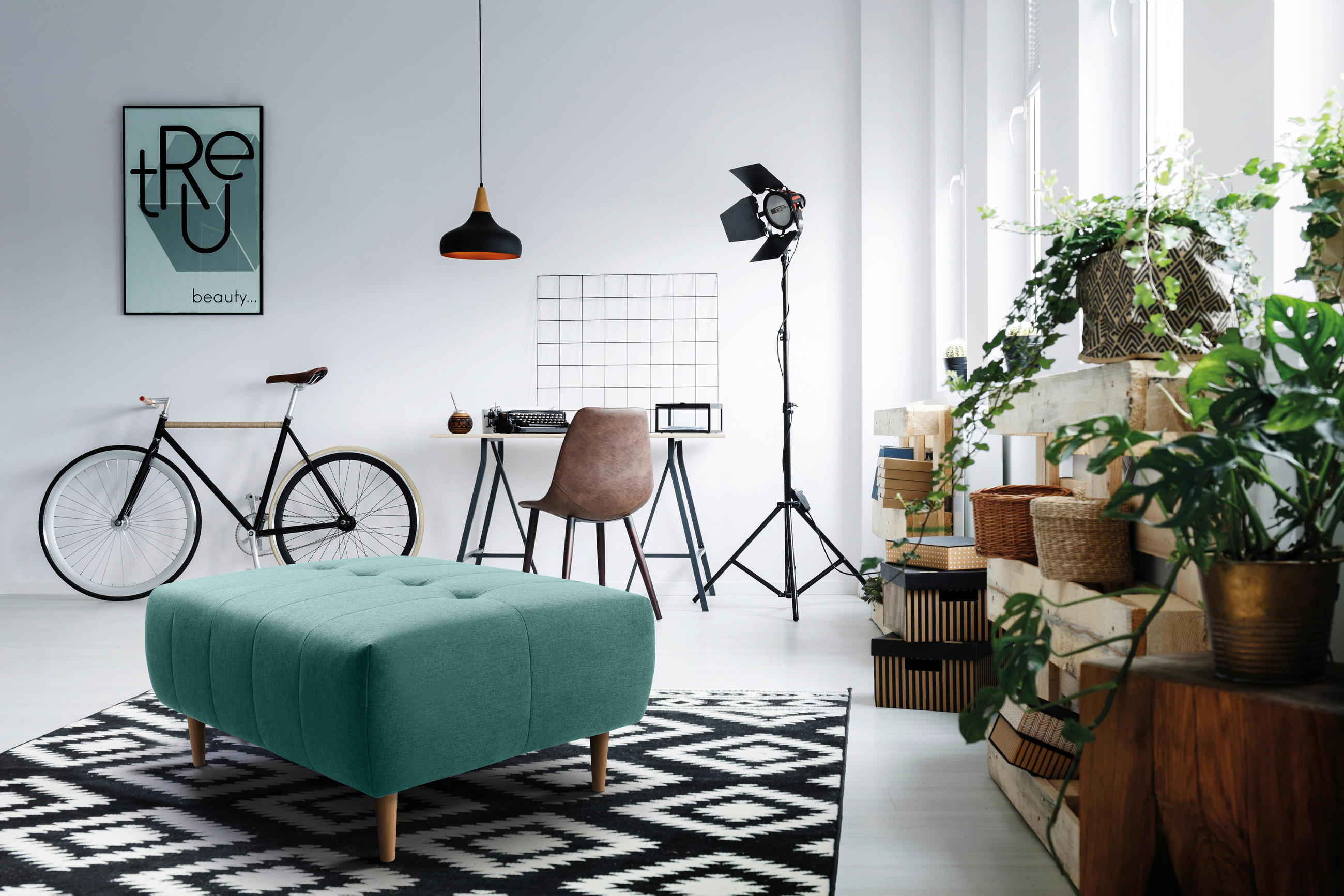 HOCKER in Textil Türkis  - Türkis/Eichefarben, Design, Holz/Textil (107/47/79cm) - Livetastic