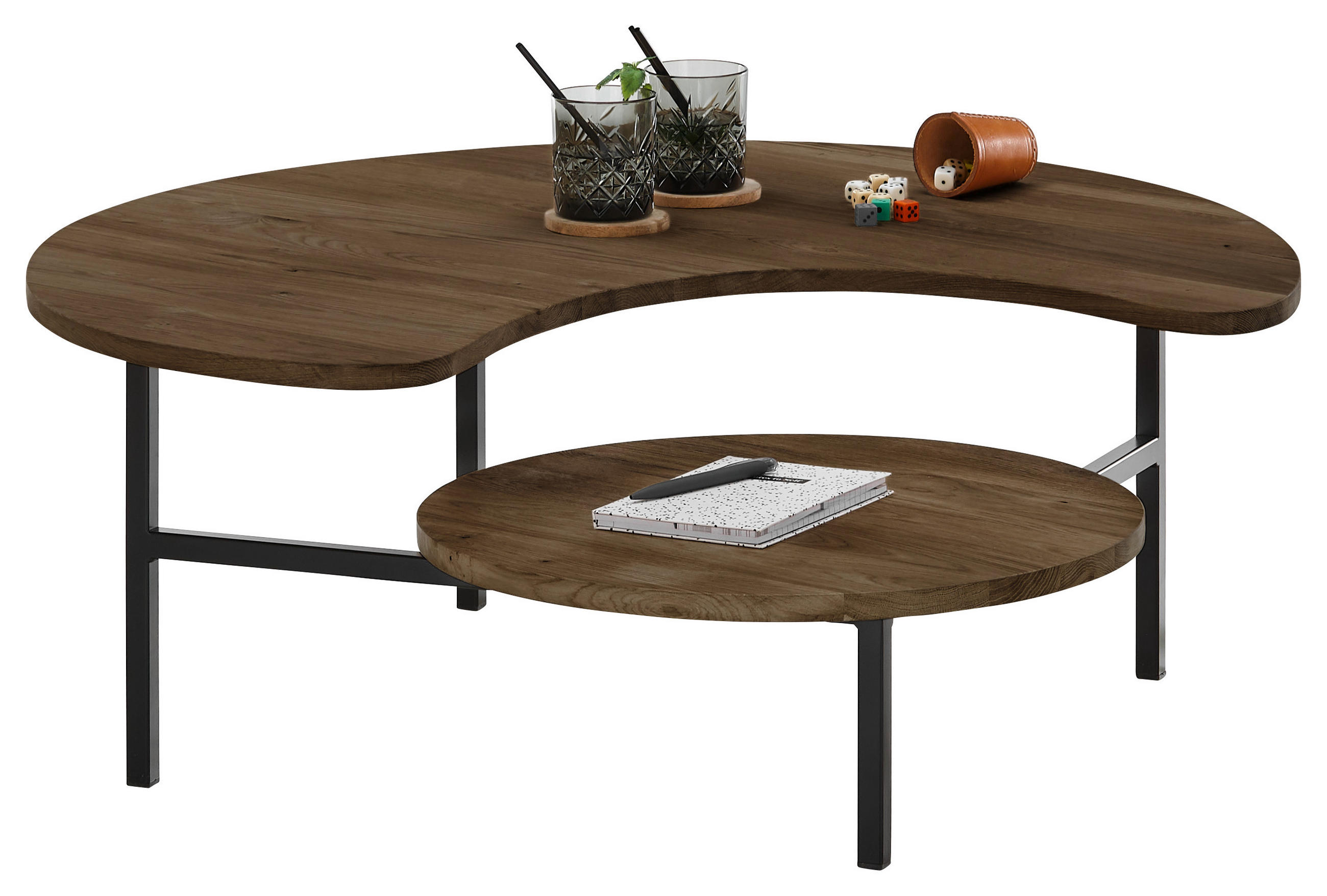 COUCHTISCH Eiche massiv 100/100/36,5 cm organisch Schwarz, Eiche dunkel  - Eiche dunkel/Schwarz, Natur, Holz/Metall (100/100/36,5cm) - SetOne by Musterring