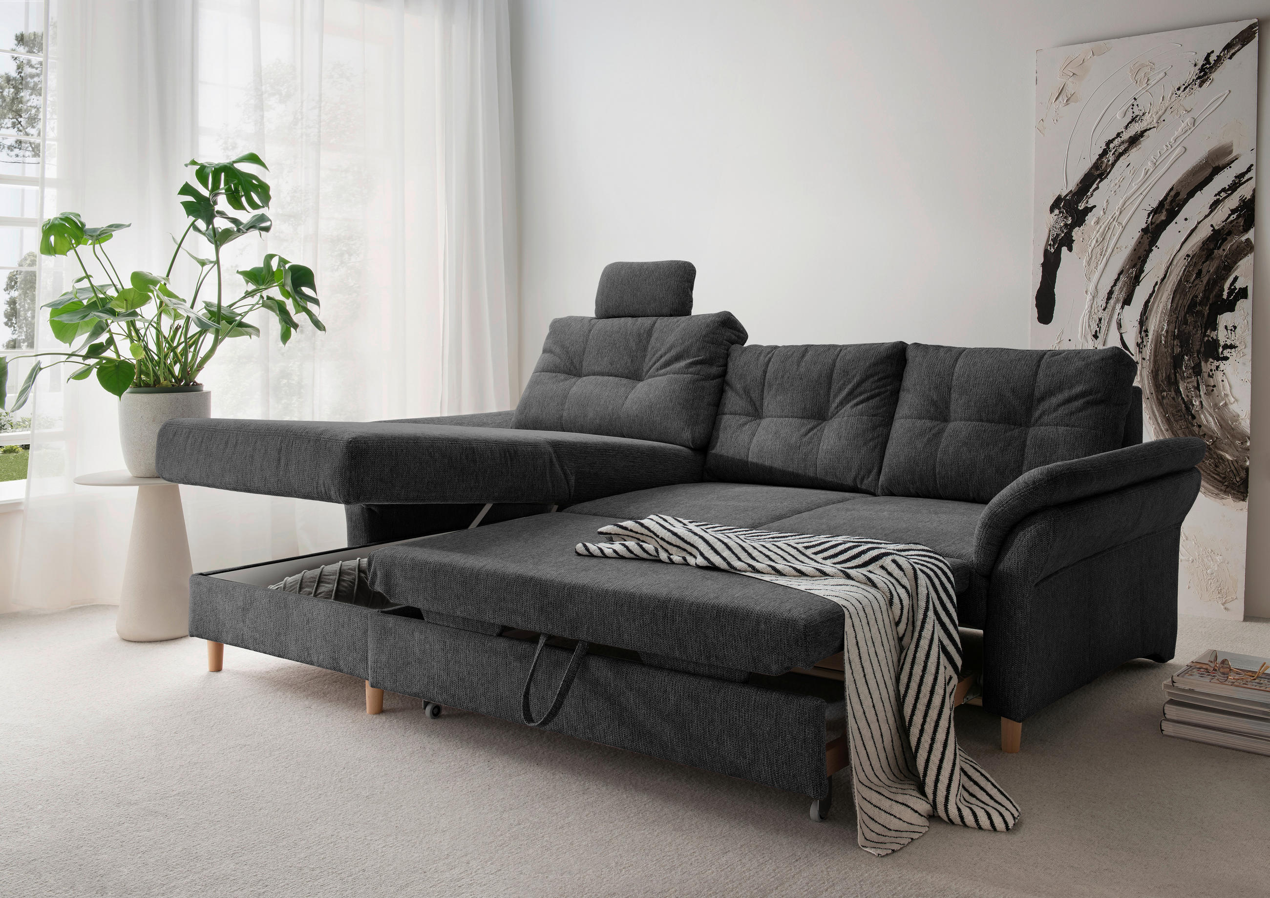 ECKSOFA in Chenille Anthrazit  - Anthrazit/Naturfarben, MODERN, Holz/Textil (176/250cm) - Livetastic