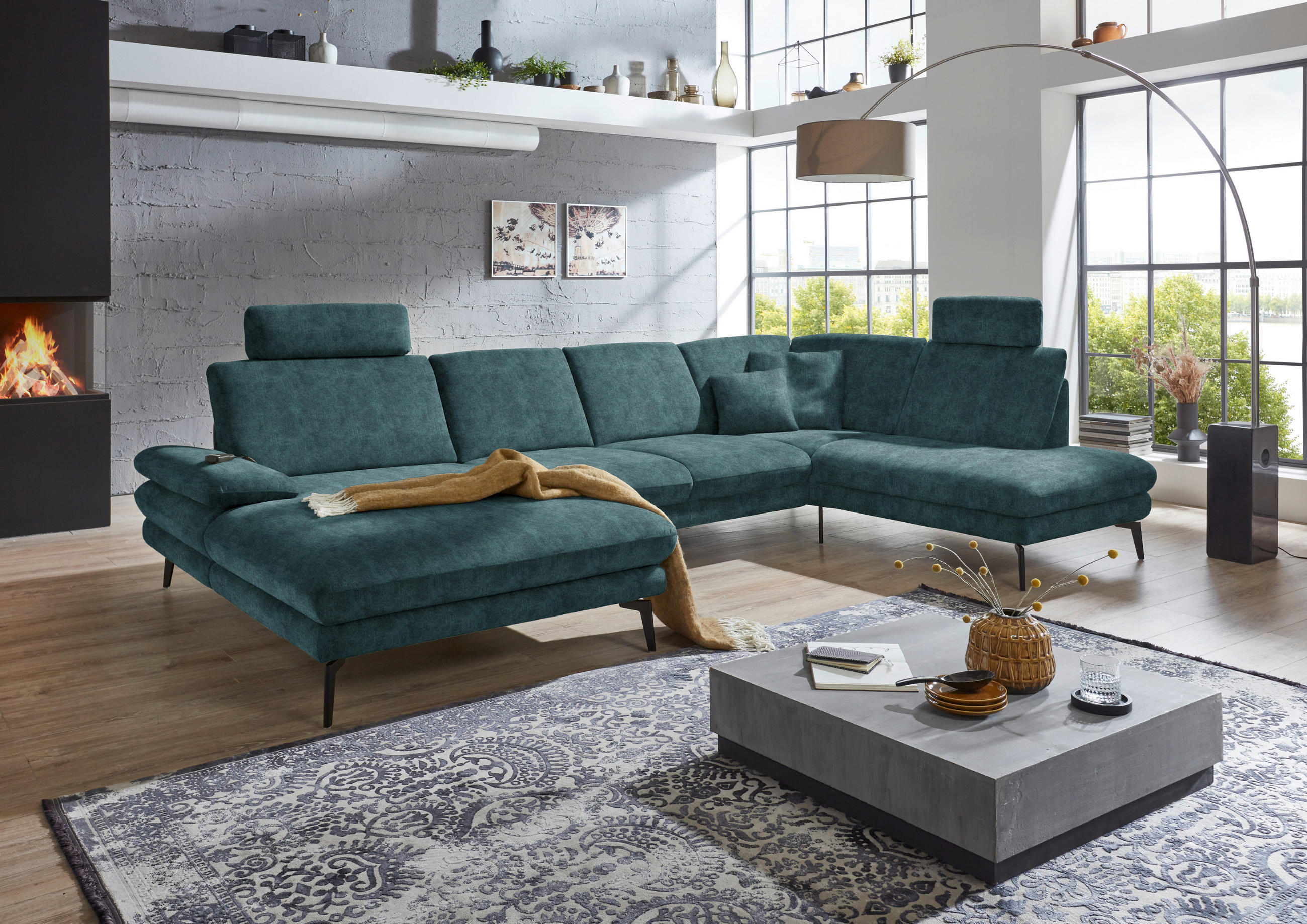 WOHNLANDSCHAFT in Velours Petrol  - Petrol/Schwarz, Design, Textil/Metall (180/344/208cm) - Dieter Knoll