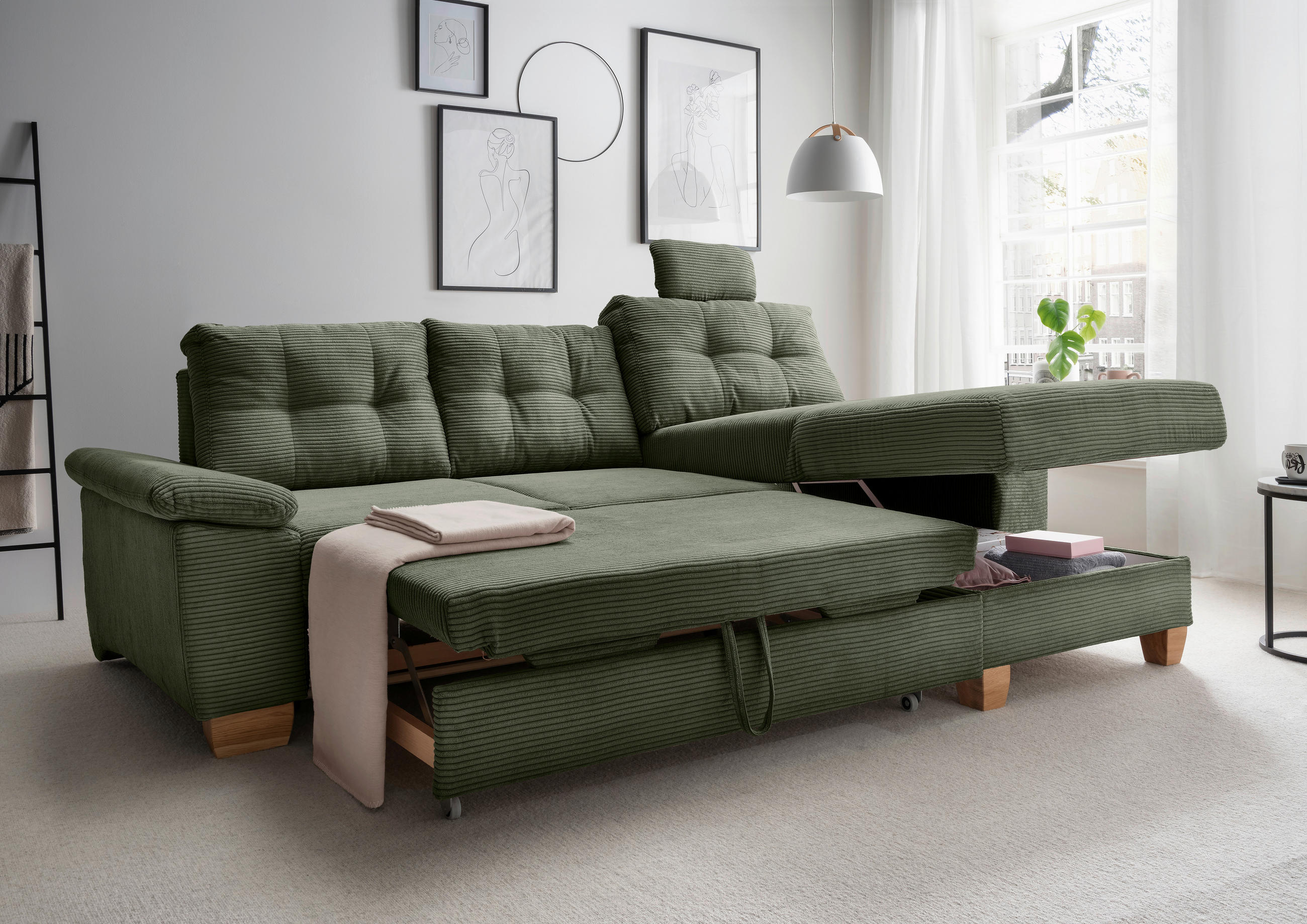 ECKSOFA in Cord Dunkelgrün  - Dunkelgrün/Naturfarben, Modern, Holz/Textil (270/176cm) - Livetastic