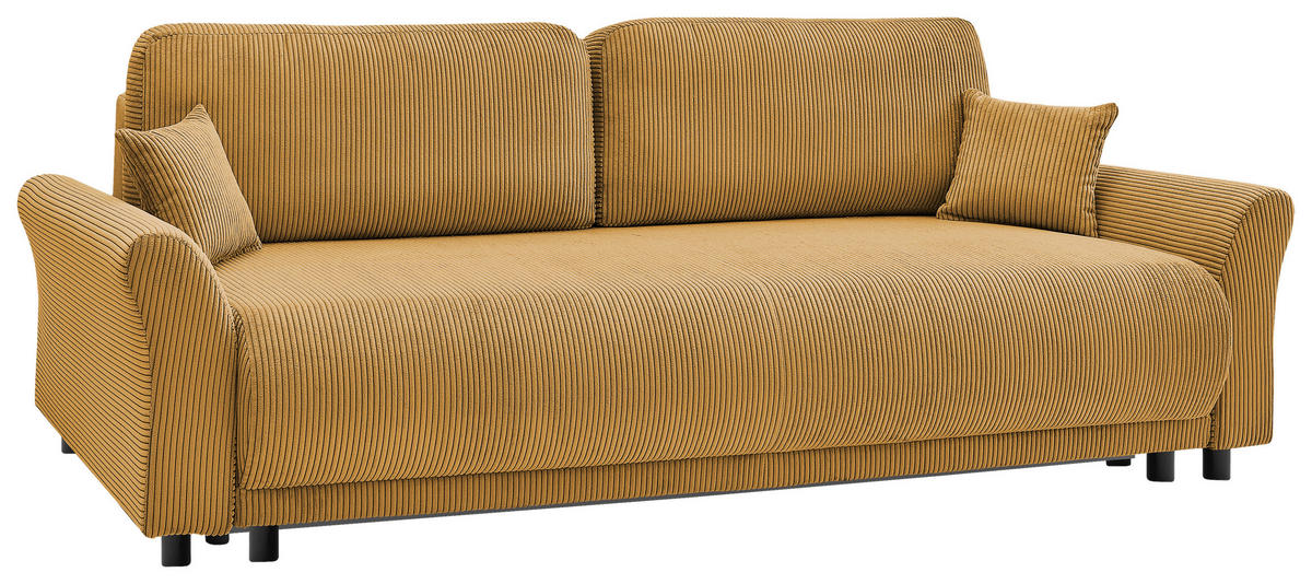 SCHLAFSOFA Malta Cord Gelb  inkl. Zierkissen, Rückenkissen, Bettkasten, Schlaffunktion, Rücken echt  - Gelb/Schwarz, Design, Textil (244/88/100cm) - P & B