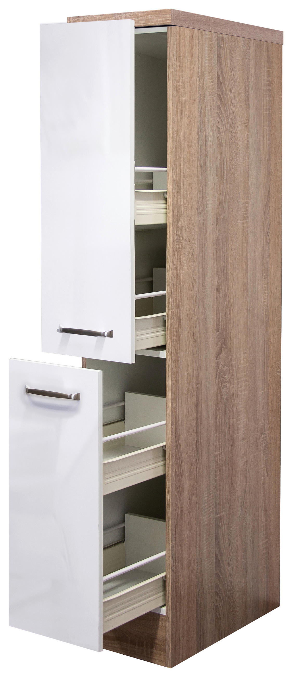 APOTHEKERSCHRANK 30/161,6/57 cm  in Sonoma Eiche, Weiß Hochglanz  - Edelstahlfarben/Weiß Hochglanz, MODERN, Holzwerkstoff/Metall (30/161,6/57cm) - FlexWell