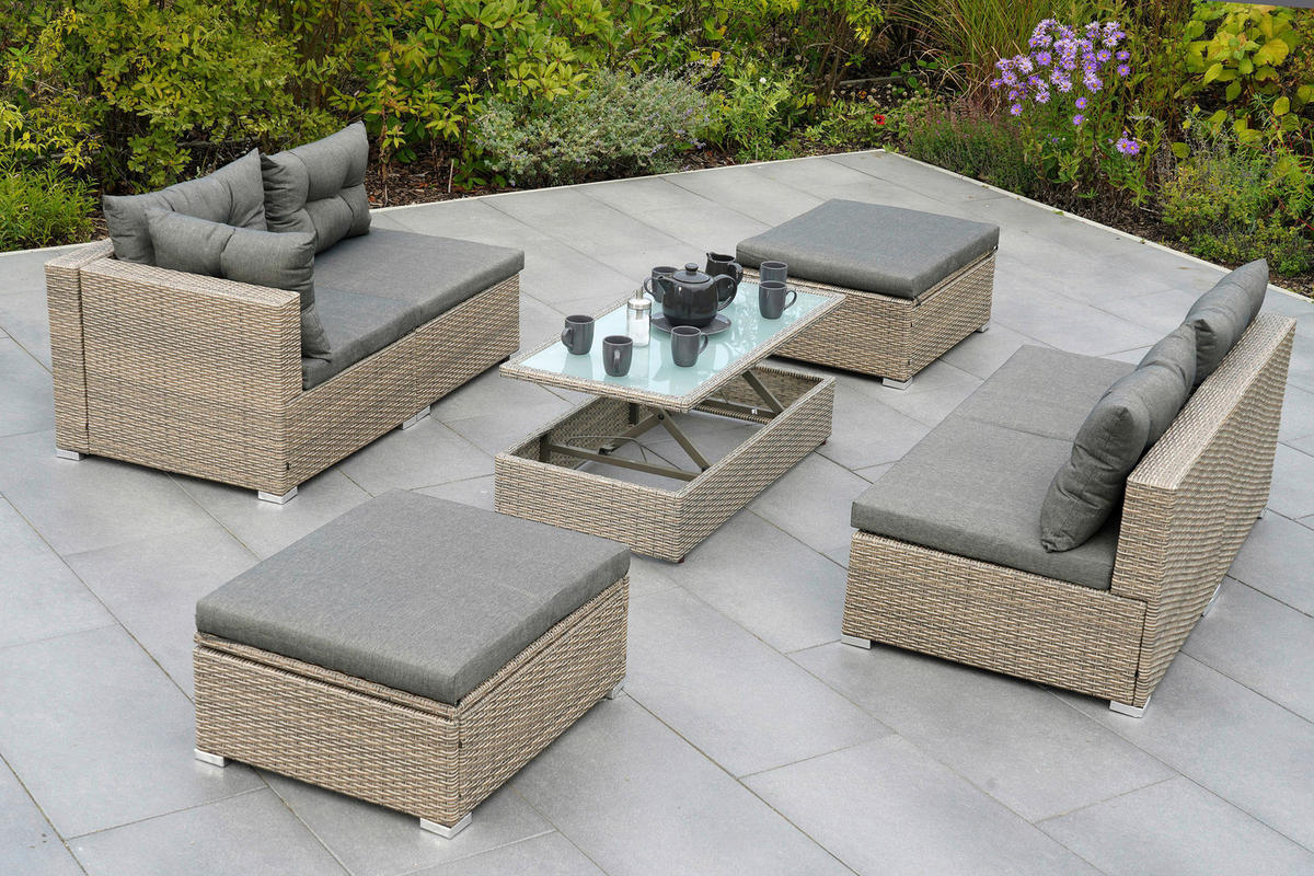 LOUNGEGARNITUR 7-teilig   Stahl  - Naturfarben/Grau, MODERN, Glas/Kunststoff - Gardenson