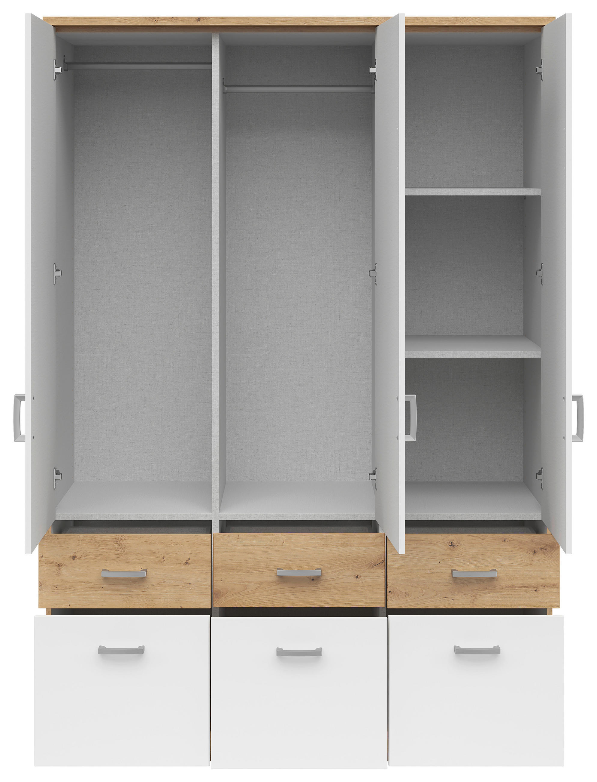 KLEIDERSCHRANK 136/199/58 cm 3-türig Weiß, Eiche Artisan  - Silberfarben/Weiß, KONVENTIONELL, Holzwerkstoff/Kunststoff (136/199/58cm)
