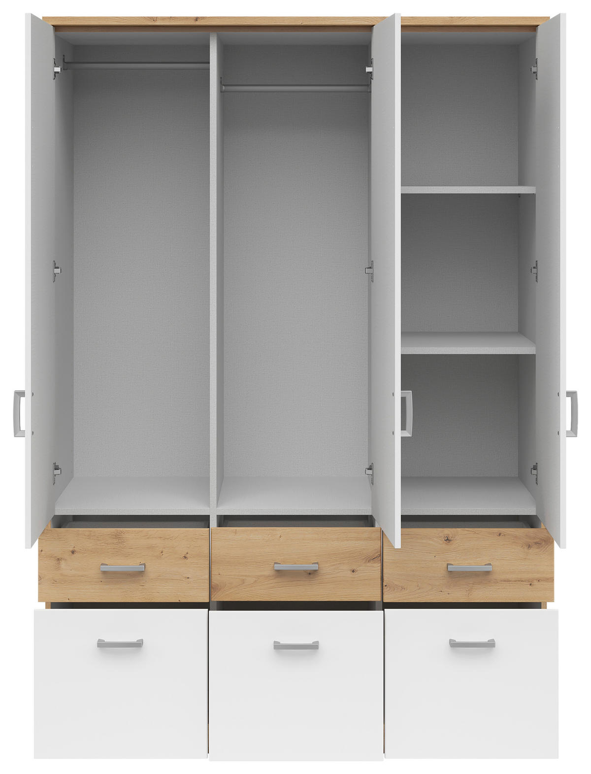 KLEIDERSCHRANK 136/199/58 cm 3-türig Weiß, Eiche Artisan  - Silberfarben/Weiß, KONVENTIONELL, Holzwerkstoff/Kunststoff (136/199/58cm)