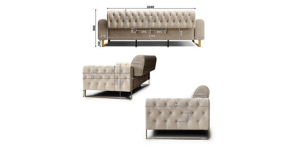 3-SITZER-SOFA Velours Beige  - Beige/Goldfarben, KONVENTIONELL, Textil/Metall (264/90/97cm) - Carryhome
