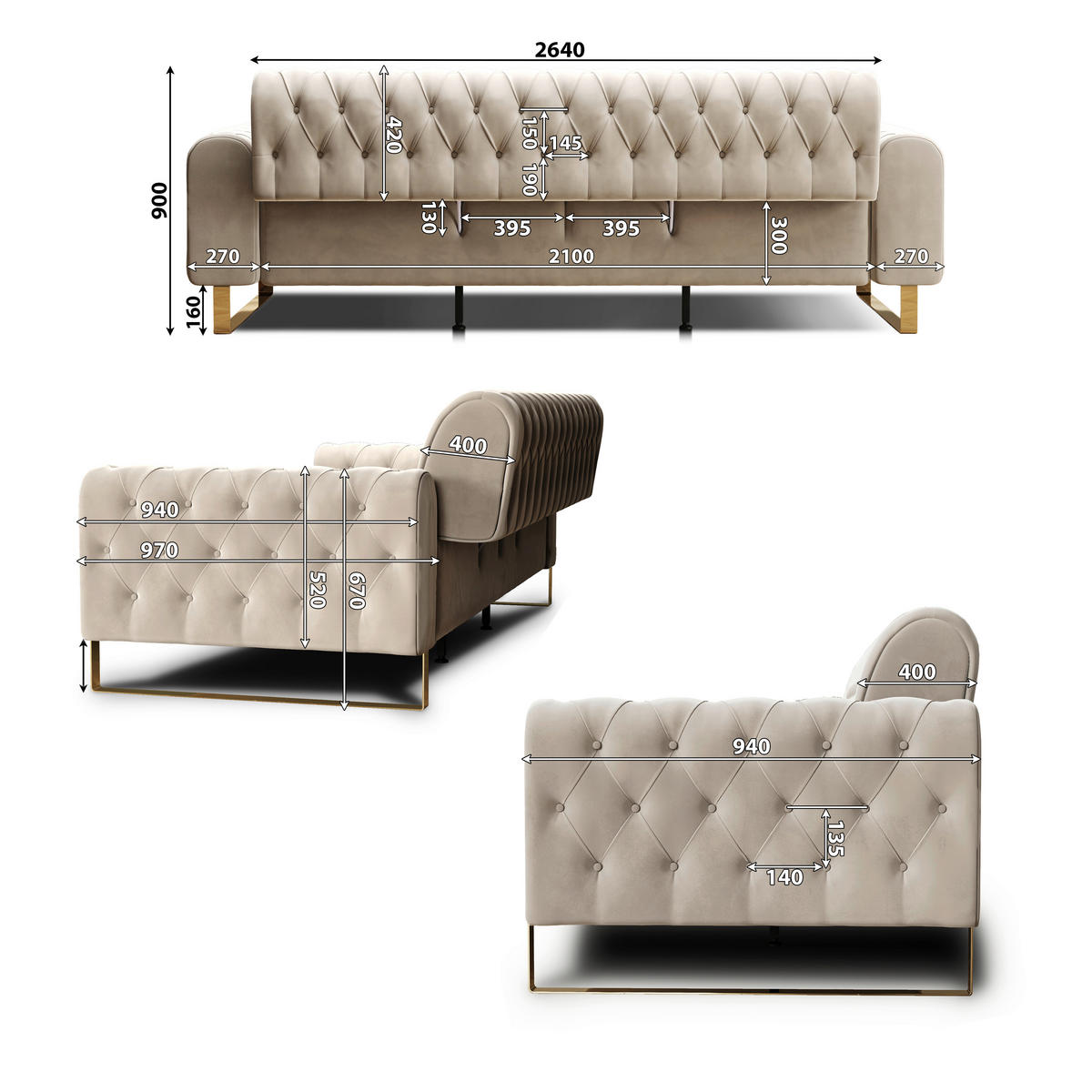 3-SITZER-SOFA Velours Beige  - Beige/Goldfarben, KONVENTIONELL, Textil/Metall (264/90/97cm) - Carryhome