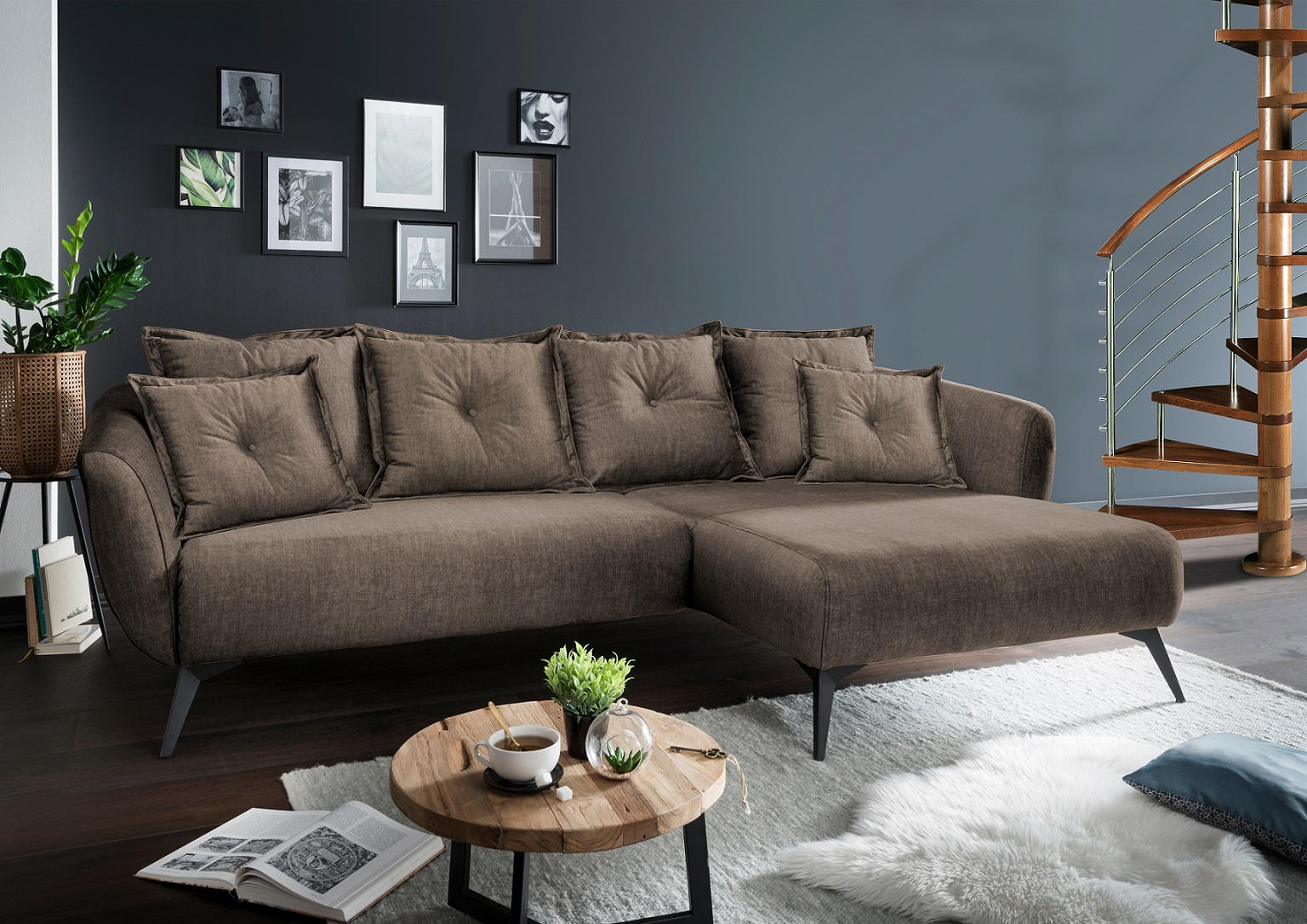 ECKSOFA in Velours Braun  - Schwarz/Braun, Modern, Holz/Textil (277/94/162cm) - Livetastic