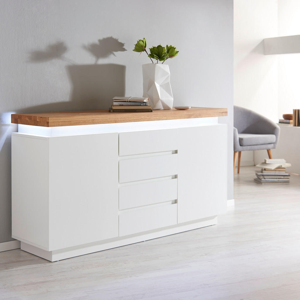 Thumbnail - Sideboard Romina, Weiß, Eiche, Holz, Eiche, massiv, 2 Fächer, 4 Schubladen, 150x81x40 cm, Typenauswahl, Beimöbel erhältl...