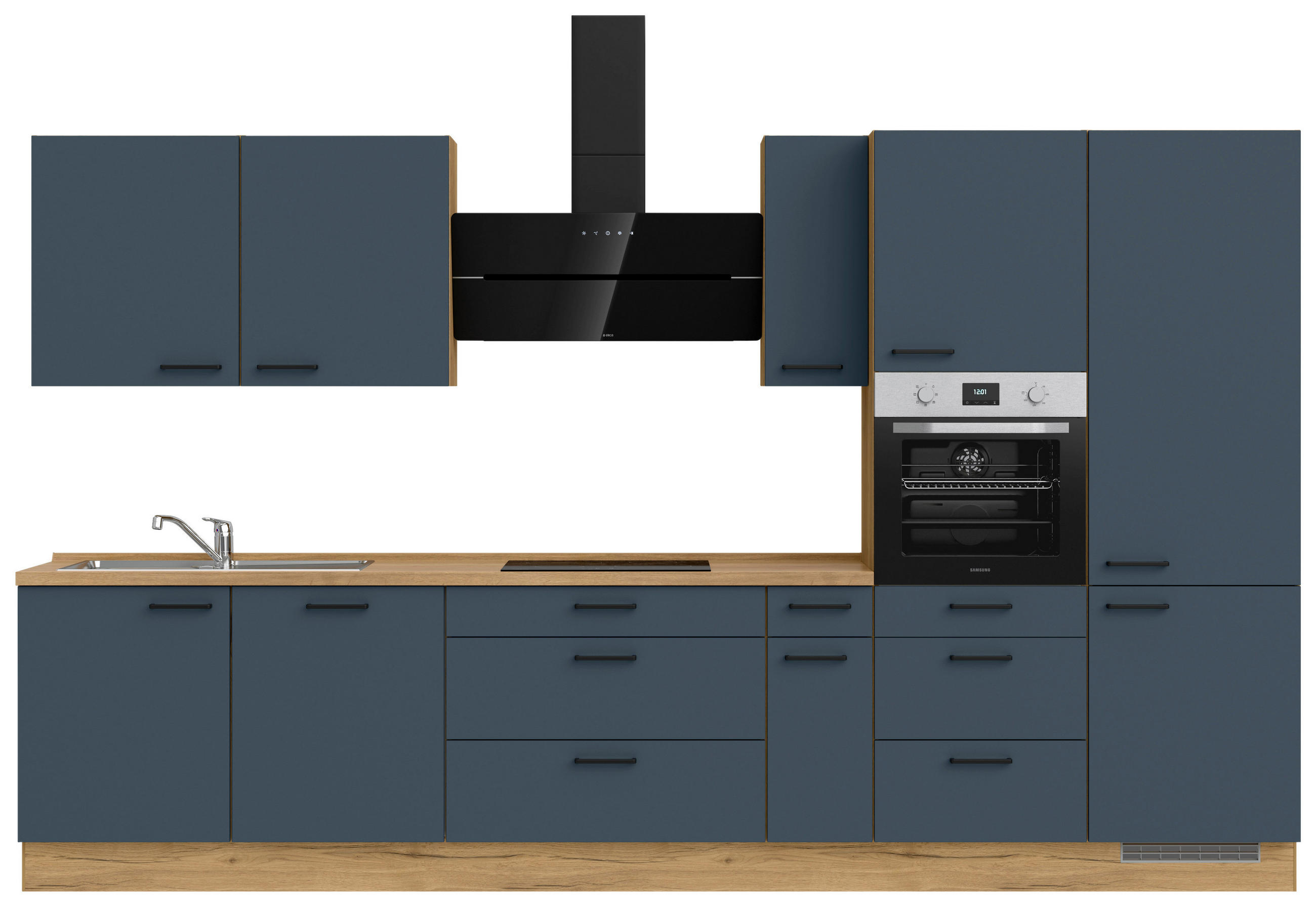 KÜCHENBLOCK 360 cm   in Eichefarben, Dunkelblau  - Eichefarben/Schwarz, MODERN, Holzwerkstoff/Metall (360cm) - Nobilia