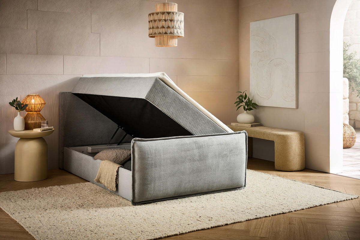 BOXBETT 120/200 cm,  in Hellgrau, Kissen, Bettkasten, Topper, H3 = fest  - Hellgrau/Schwarz, Design, Kunststoff/Textil (120/200cm) - Chameo