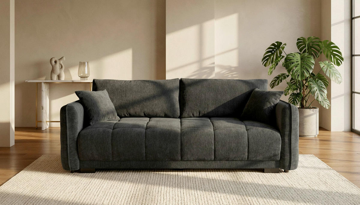 BOXSPRINGSOFA Chenille Anthrazit  inkl. Zierkissen, Rückenkissen, Bettkasten, Schlaffunktion  - Anthrazit/Schwarz, KONVENTIONELL, Kunststoff/Textil (235/94/103cm) - Novel