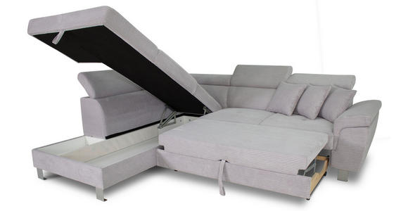 ECKSOFA inkl. Funktionen Hellgrau Cord - Silberfarben/Hellgrau, Design, Textil/Metall (226/257cm) - Xora
